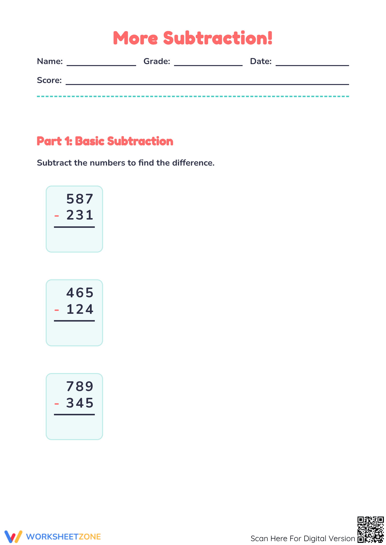 Printable 3-Digit Subtraction Worksheet | Grade 2-3 Math - Page 1