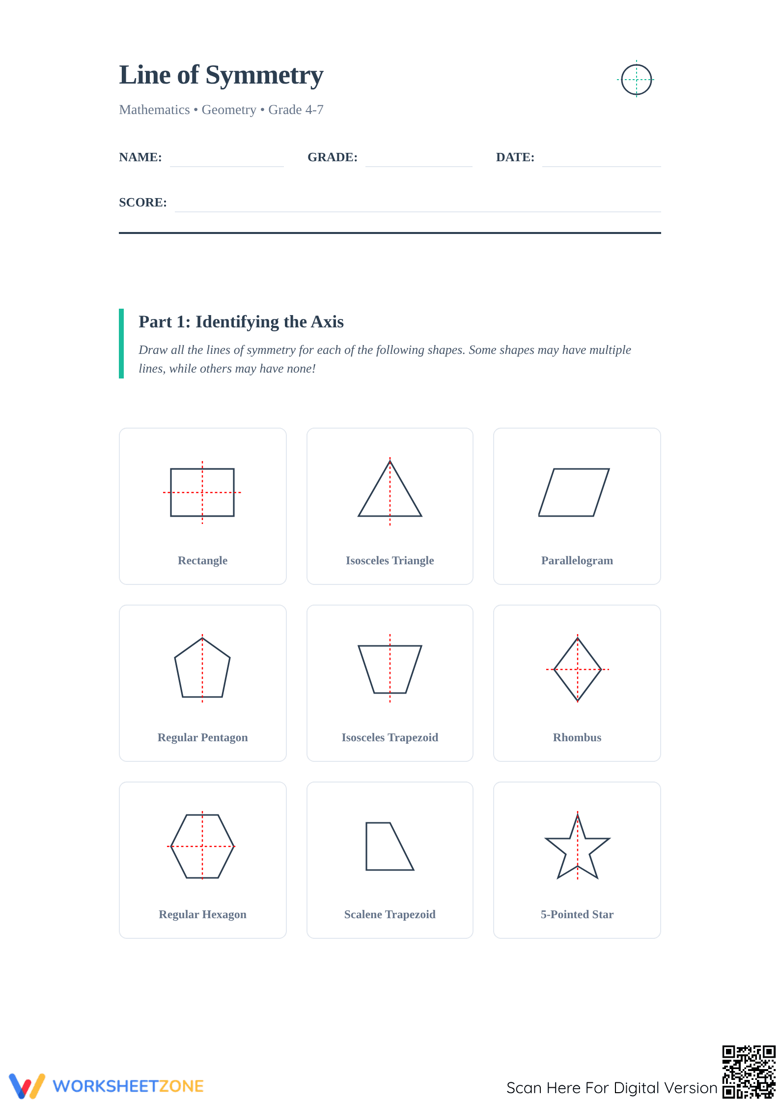 Line of Symmetry Worksheet: Essential Grade 4-7 Geometry - Page 1