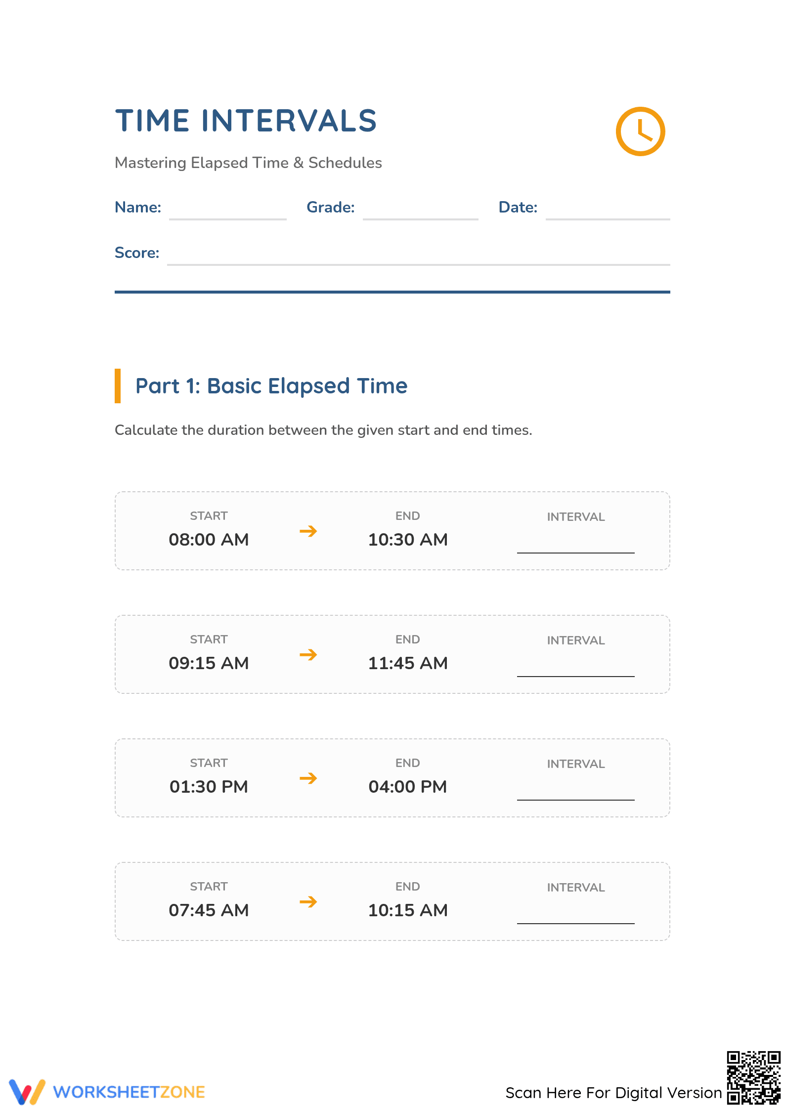 Essential Elapsed Time Intervals Worksheet | Grade 3-5 Math - Page 1