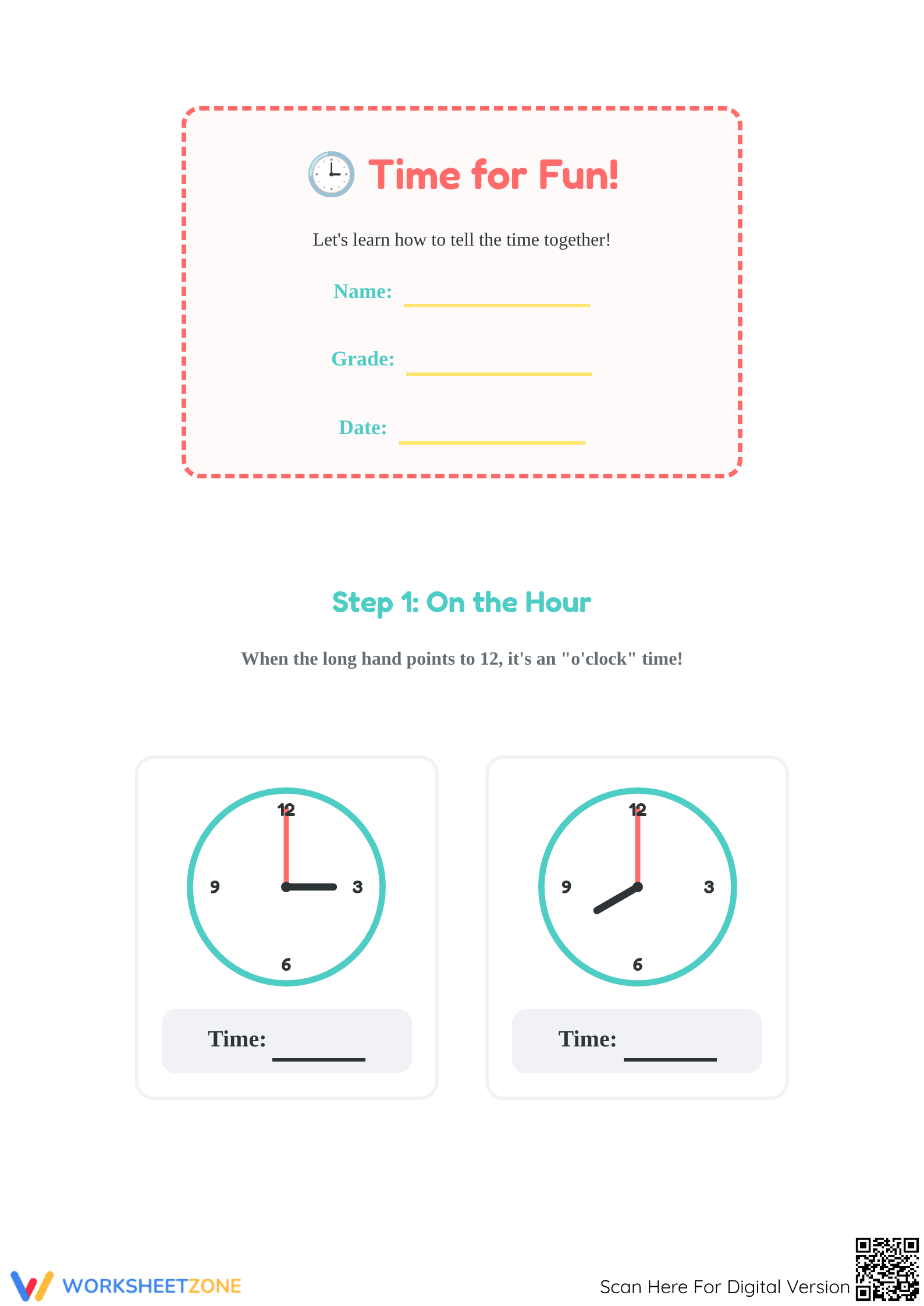 Essential Telling Time Worksheet | Grade 1 & 2 Math - Page 1