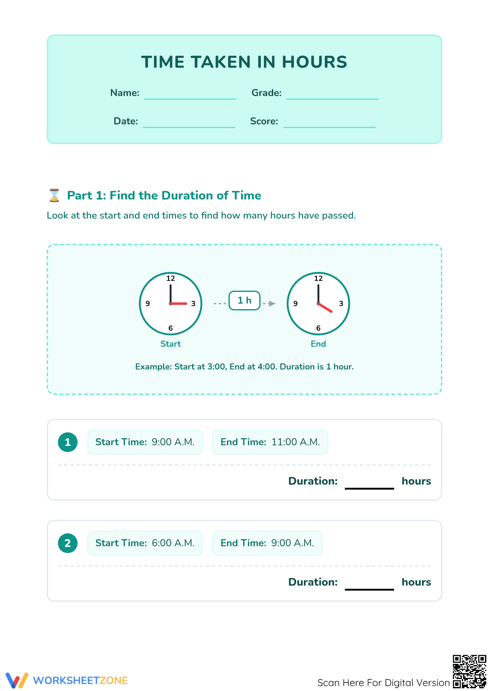Printable Time Taken in Hours Worksheet | Grade 3-5 - Page 1