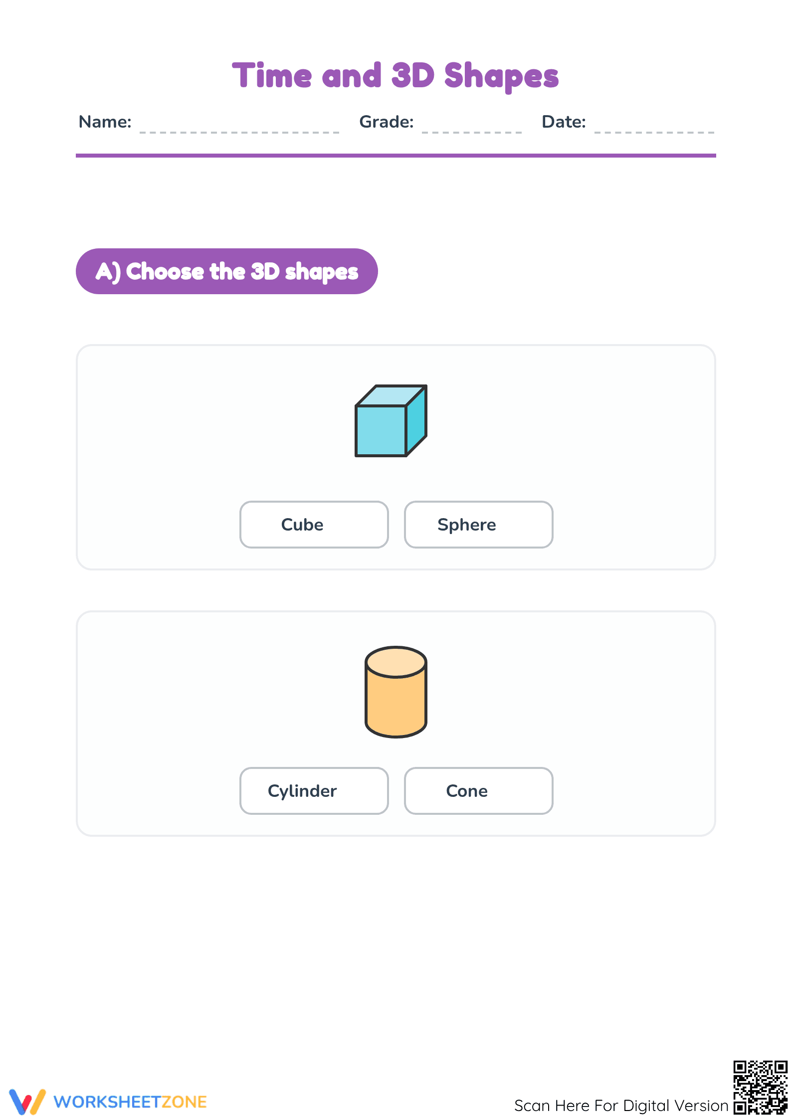Printable Time and 3D Shapes Worksheet | Grades 1-3 - Page 1