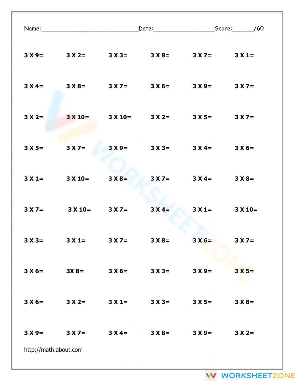 3 Times Tables - Page 1