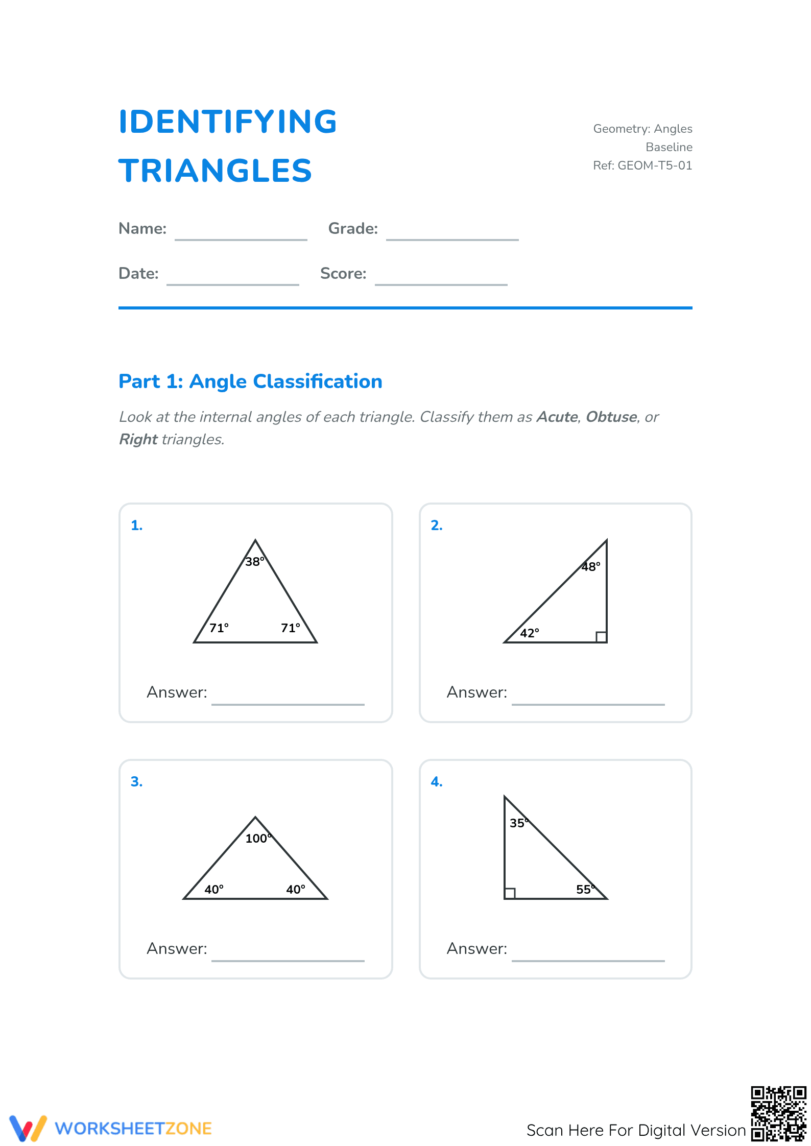 Classifying Triangles Worksheet | Printable Grade 5 Math - Page 1