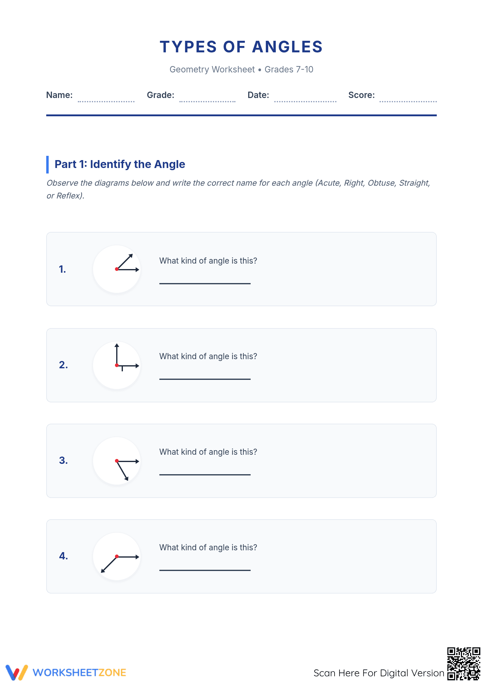 Essential Types of Angles Worksheet | Grades 7-10 Math - Page 1
