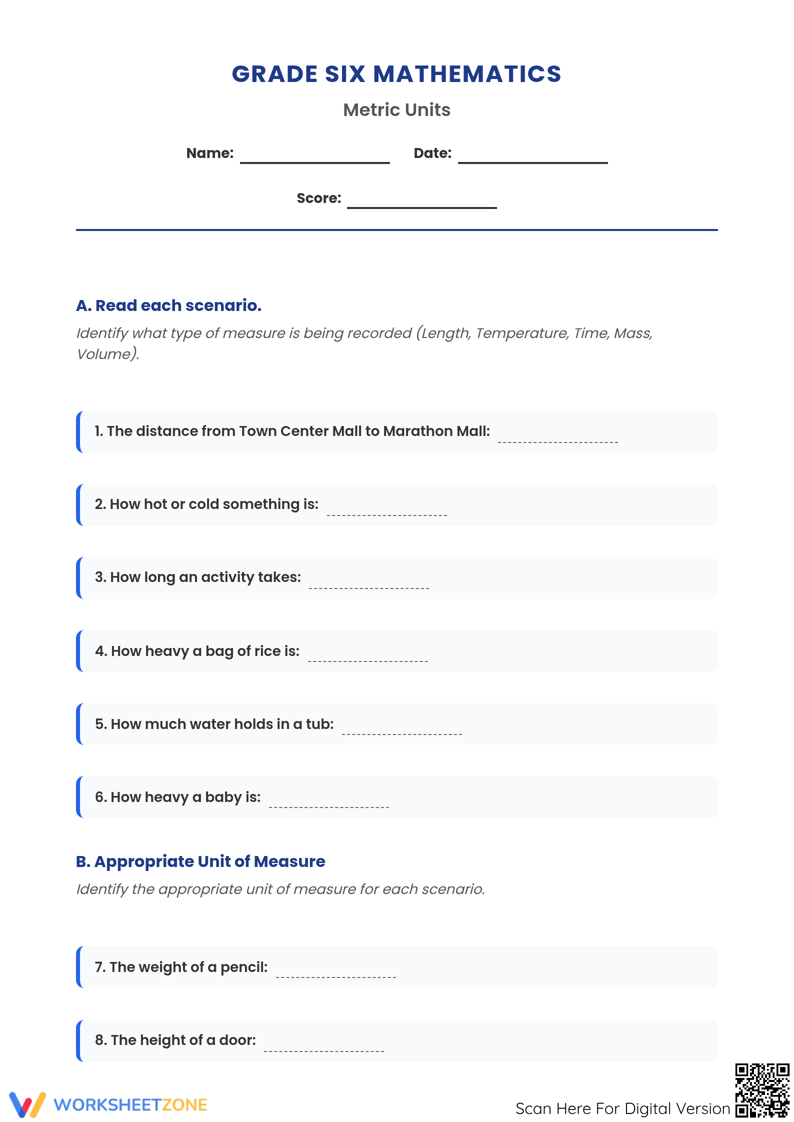 Printable Metric Units Worksheet | Grade 6 Math - Page 1
