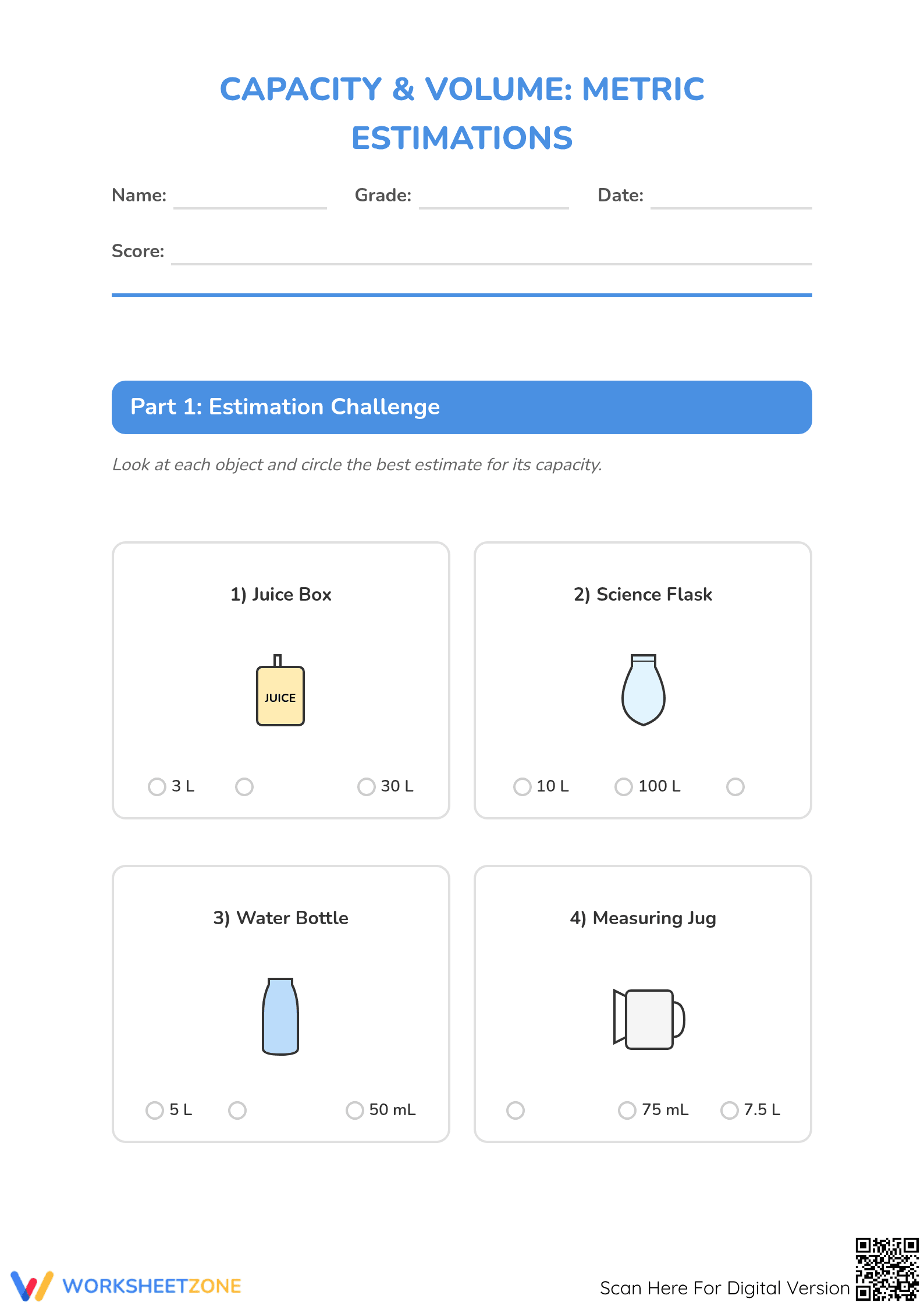 Grade 2 Capacity & Volume — Printable No-Prep Worksheet - Page 1