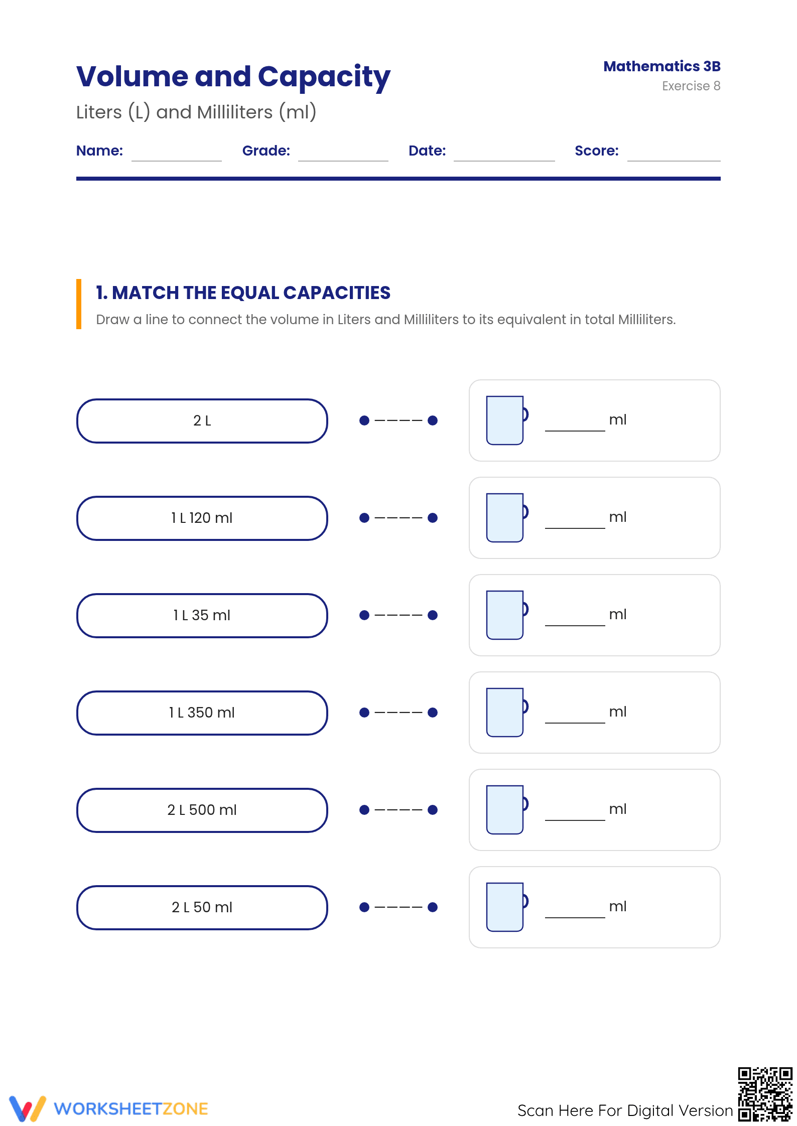 Printable Capacity and Volume Worksheet | Grade 3 Math - Page 1