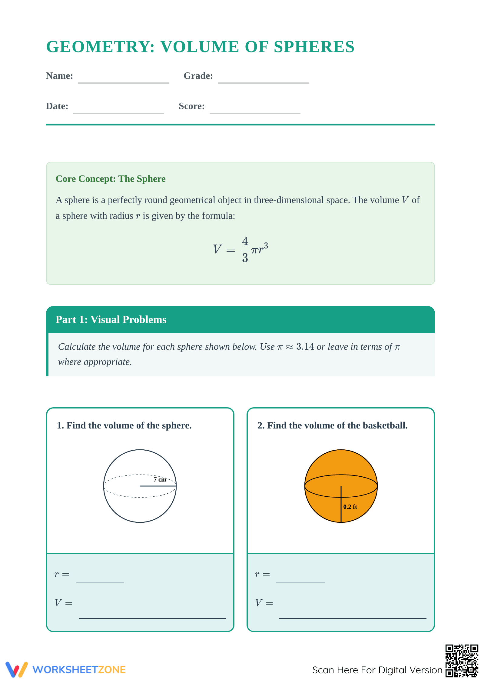 Printable Volume of Spheres Worksheet | Grade 8 Math - Page 1