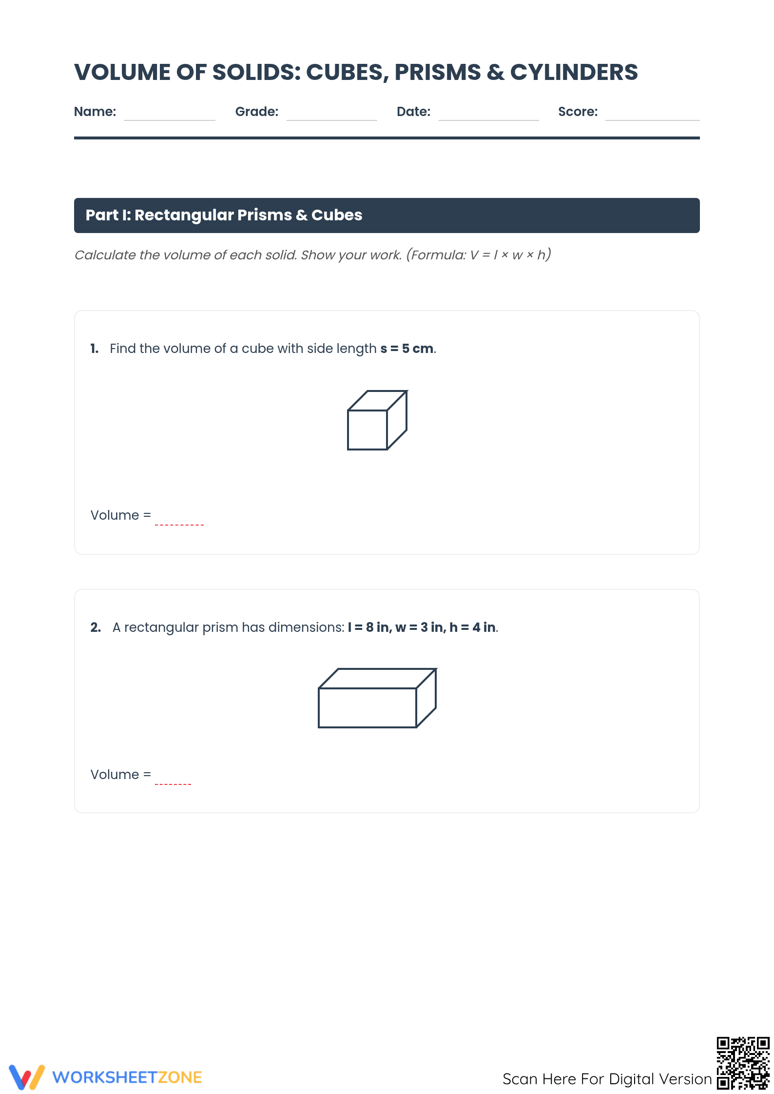 Essential Volume Practice: Cube & Cylinder Worksheet - Page 1