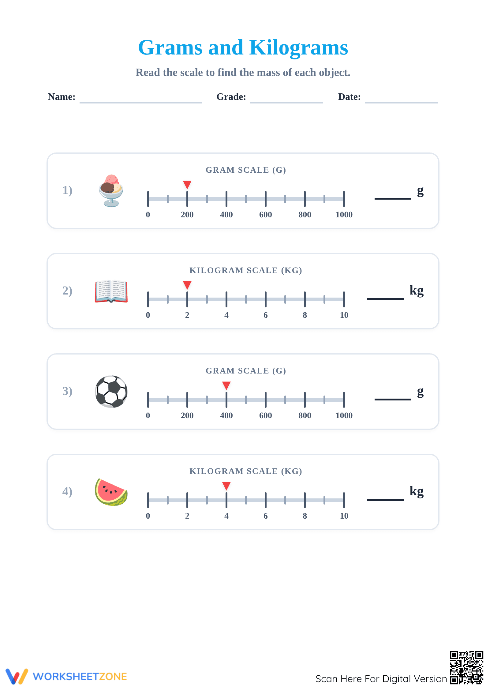 Grams and Kilograms Scale Reading | Grade 3 Essential - Page 1