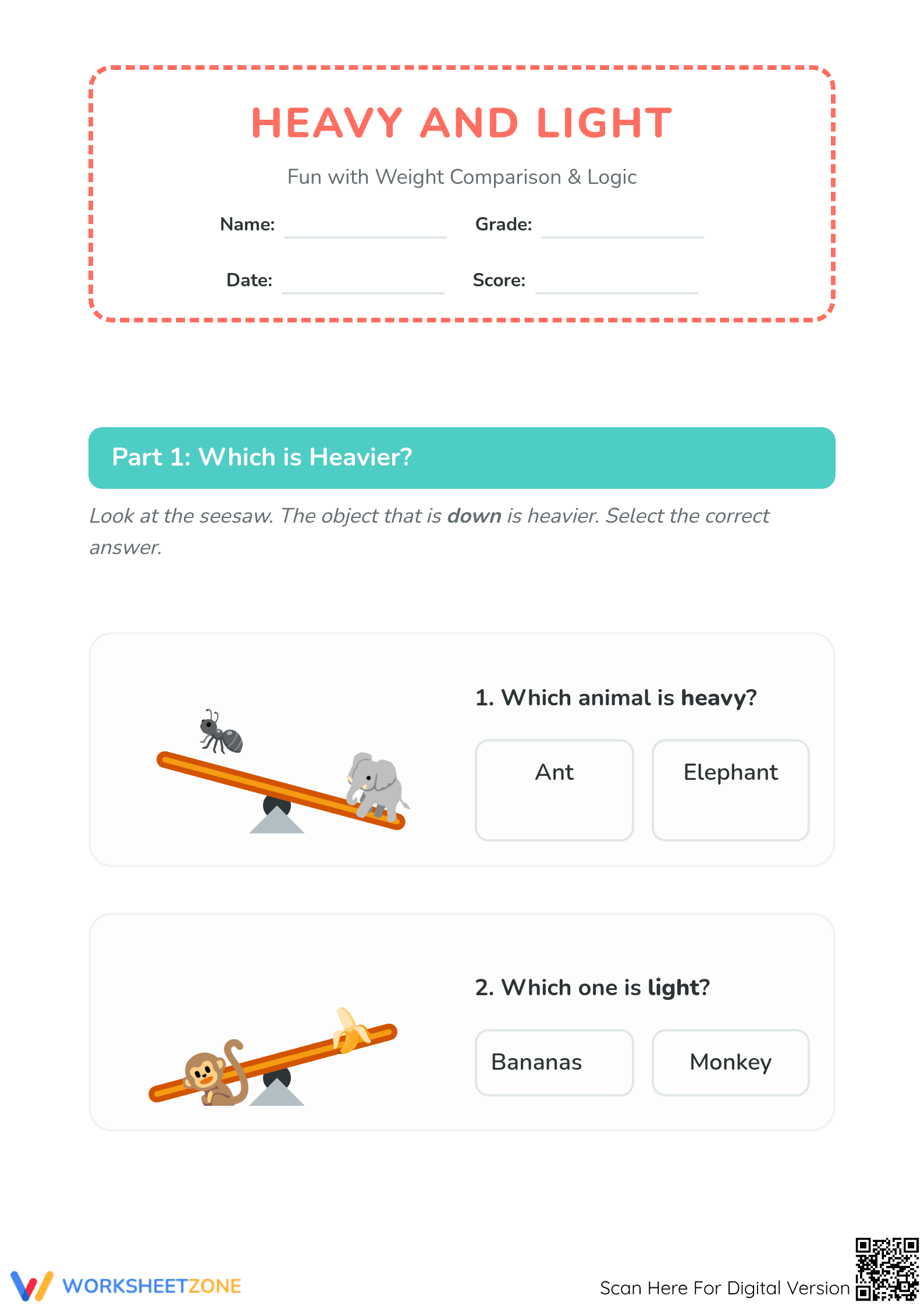 Essential Heavy and Light Comparison Worksheet | Grades K-2 - Page 1