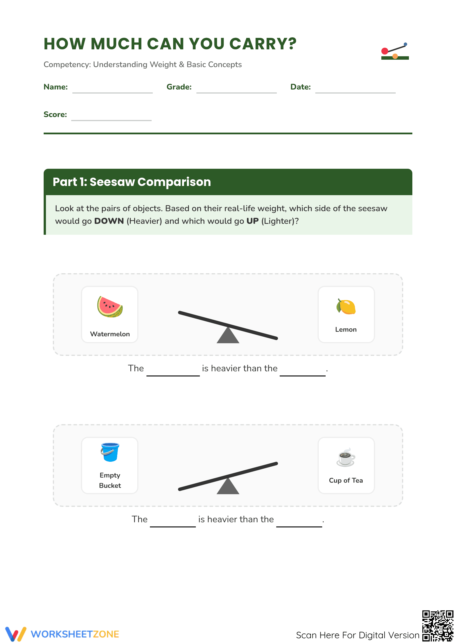 Essential Grade 3 Weight Comparison & Ordering Worksheet - Page 1