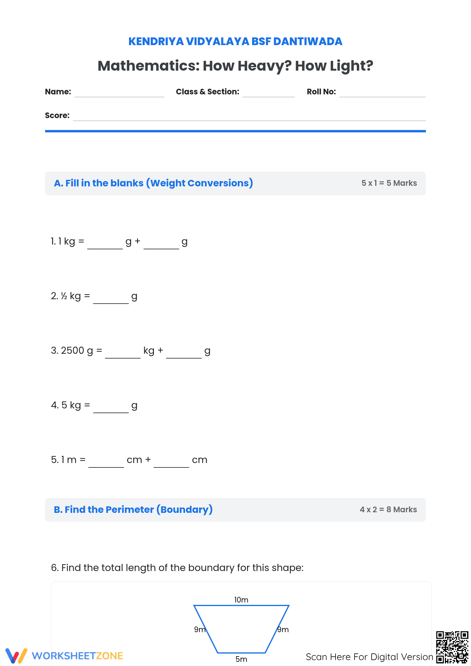 Printable Grade 4 Math: Weight Conversion & Perimeter - Page 1