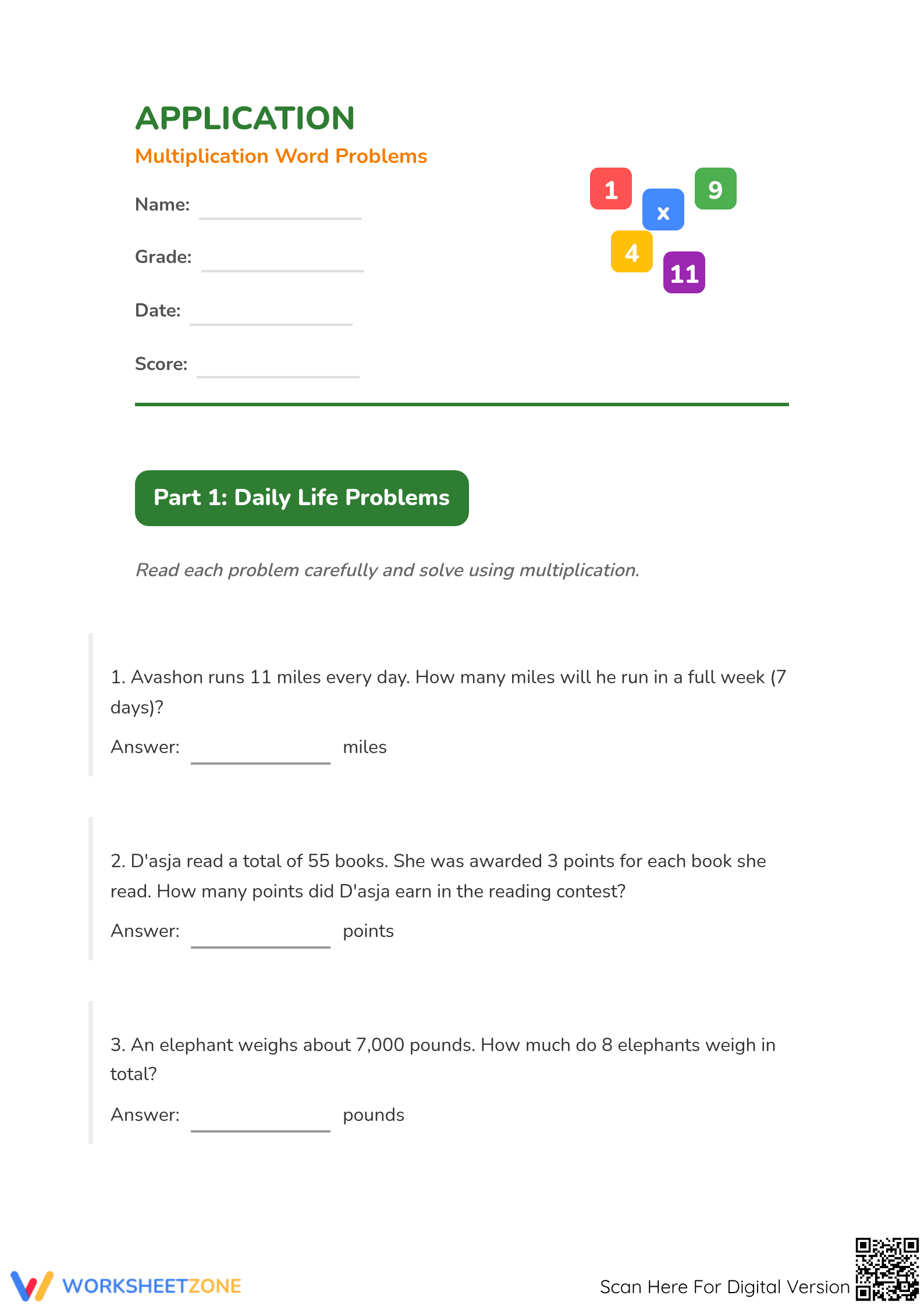 Grade 5 Multiplication Word Problems - Printable Worksheet - Page 1