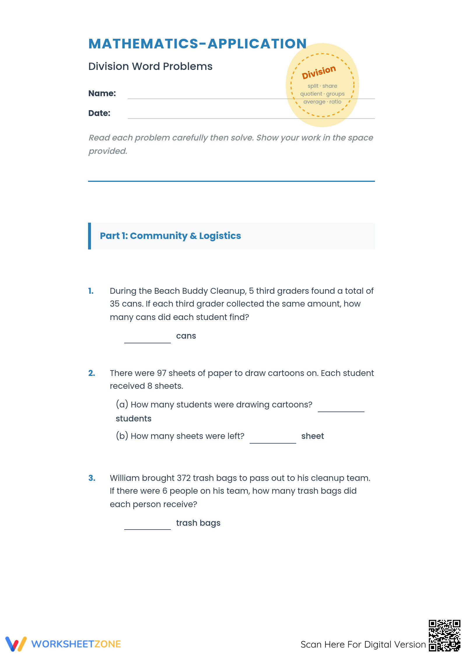 Division Word Problems Worksheet | Grade 5 Essential - Page 1