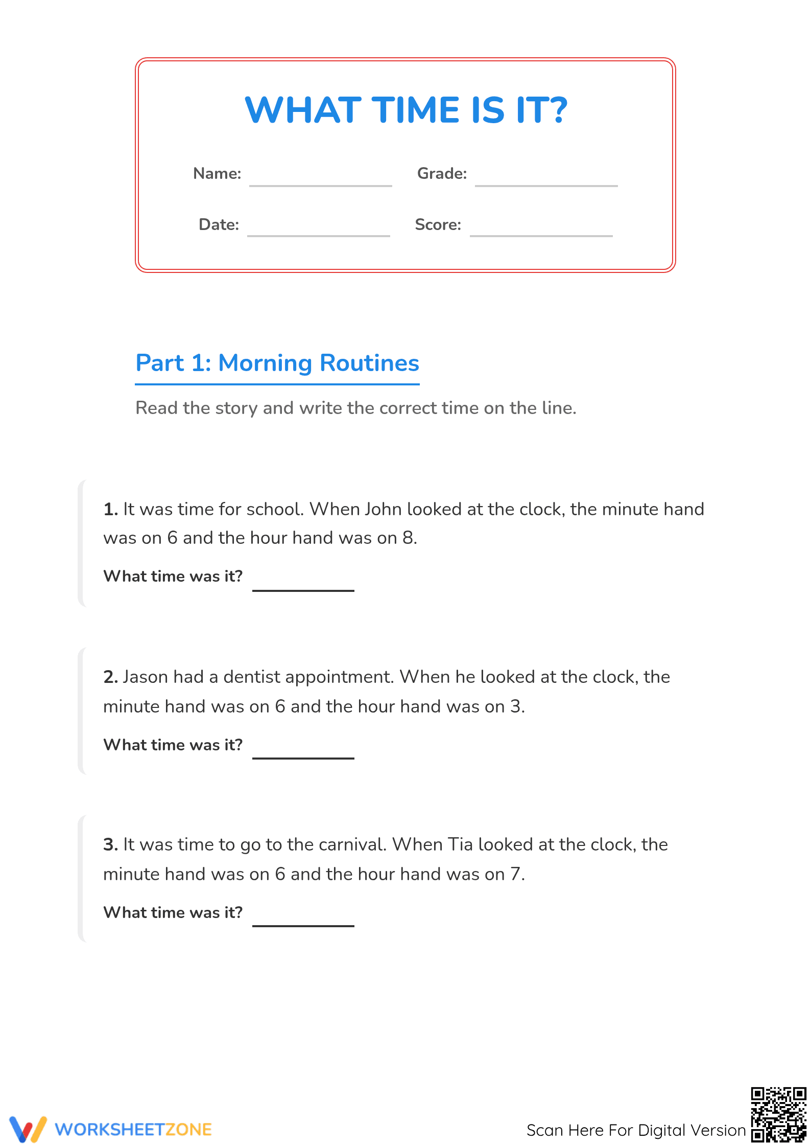 Essential Telling Time Word Problems Worksheet | Grade 1 - Page 1