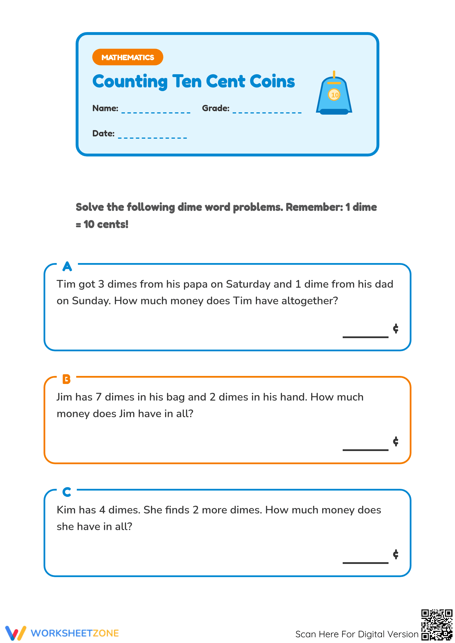 Printable Counting Ten Cent Coins Worksheet | Grade 1 Math - Page 1