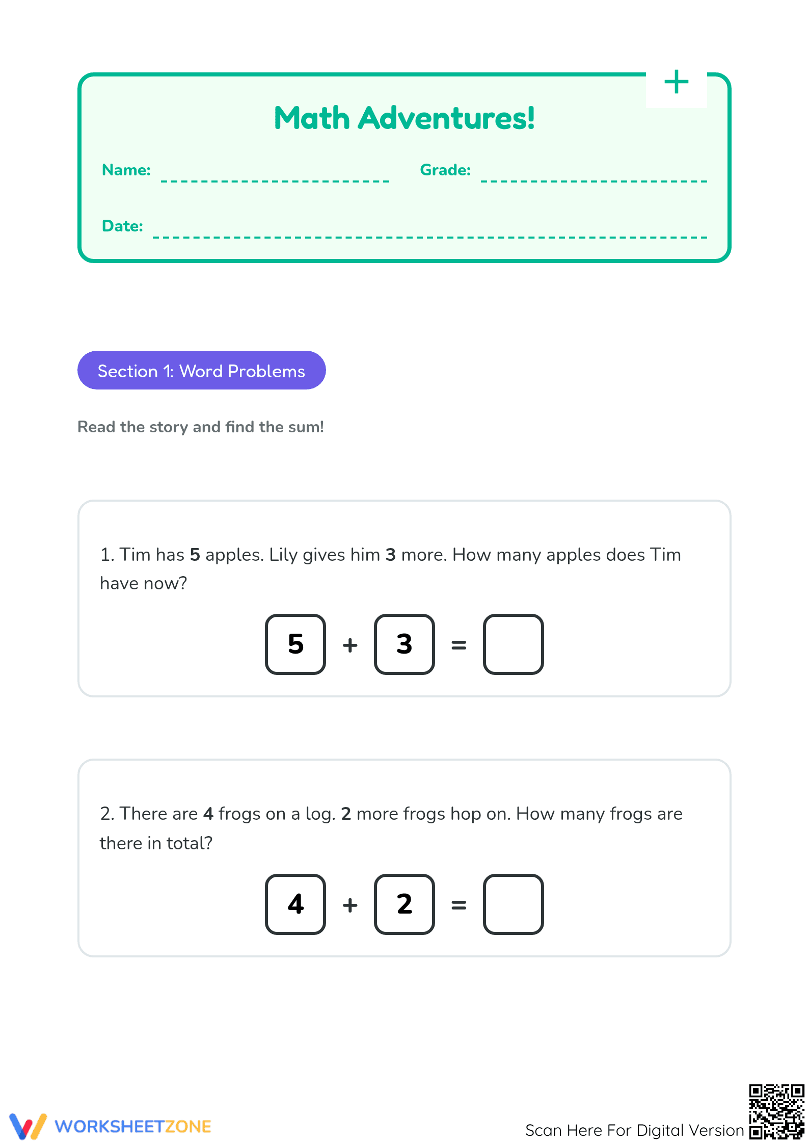 Printable Addition Word Problems & Number Sequences Grade 1 - Page 1