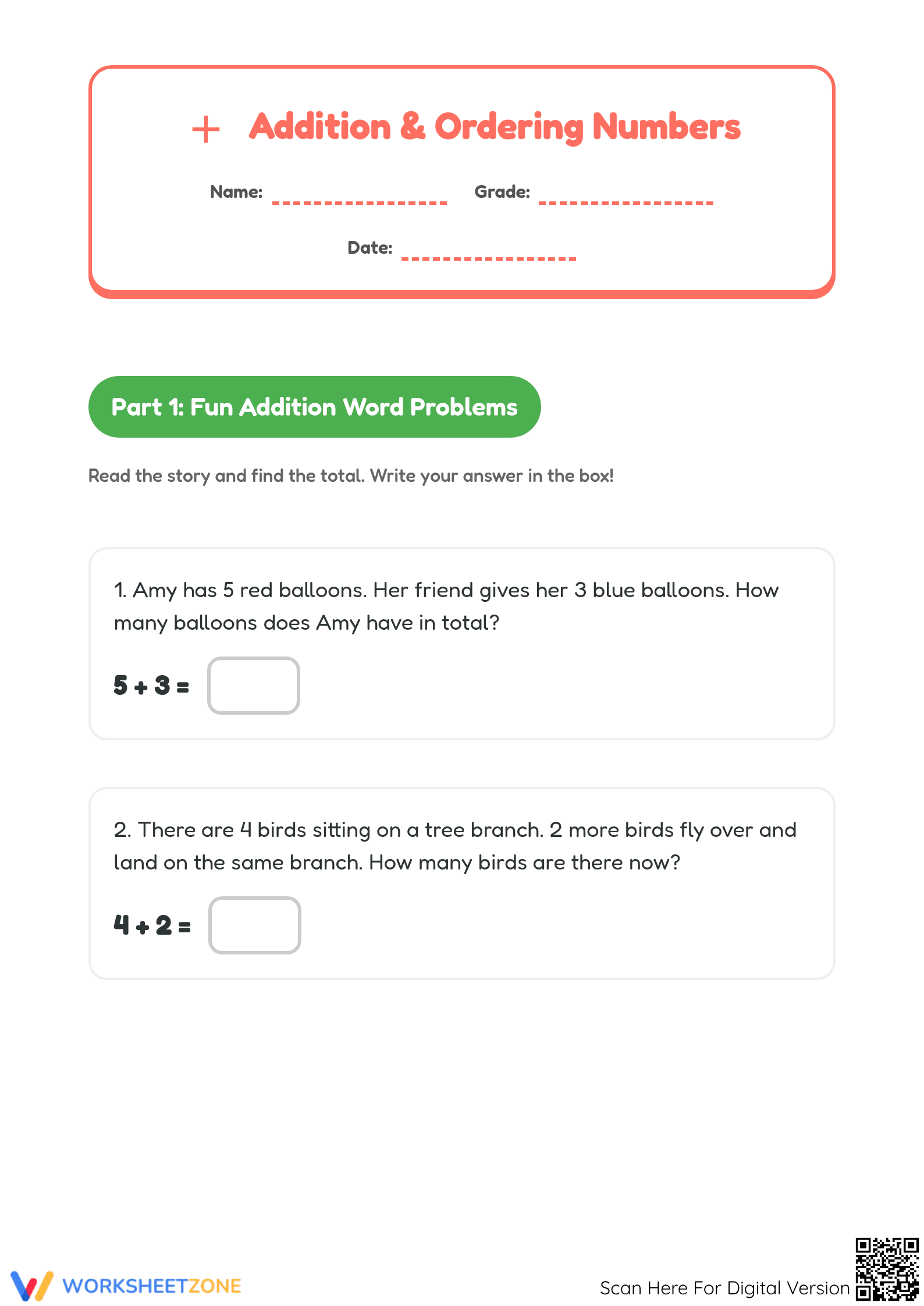 Printable Addition Word Problems & Ordering Numbers Grade 1 - Page 1