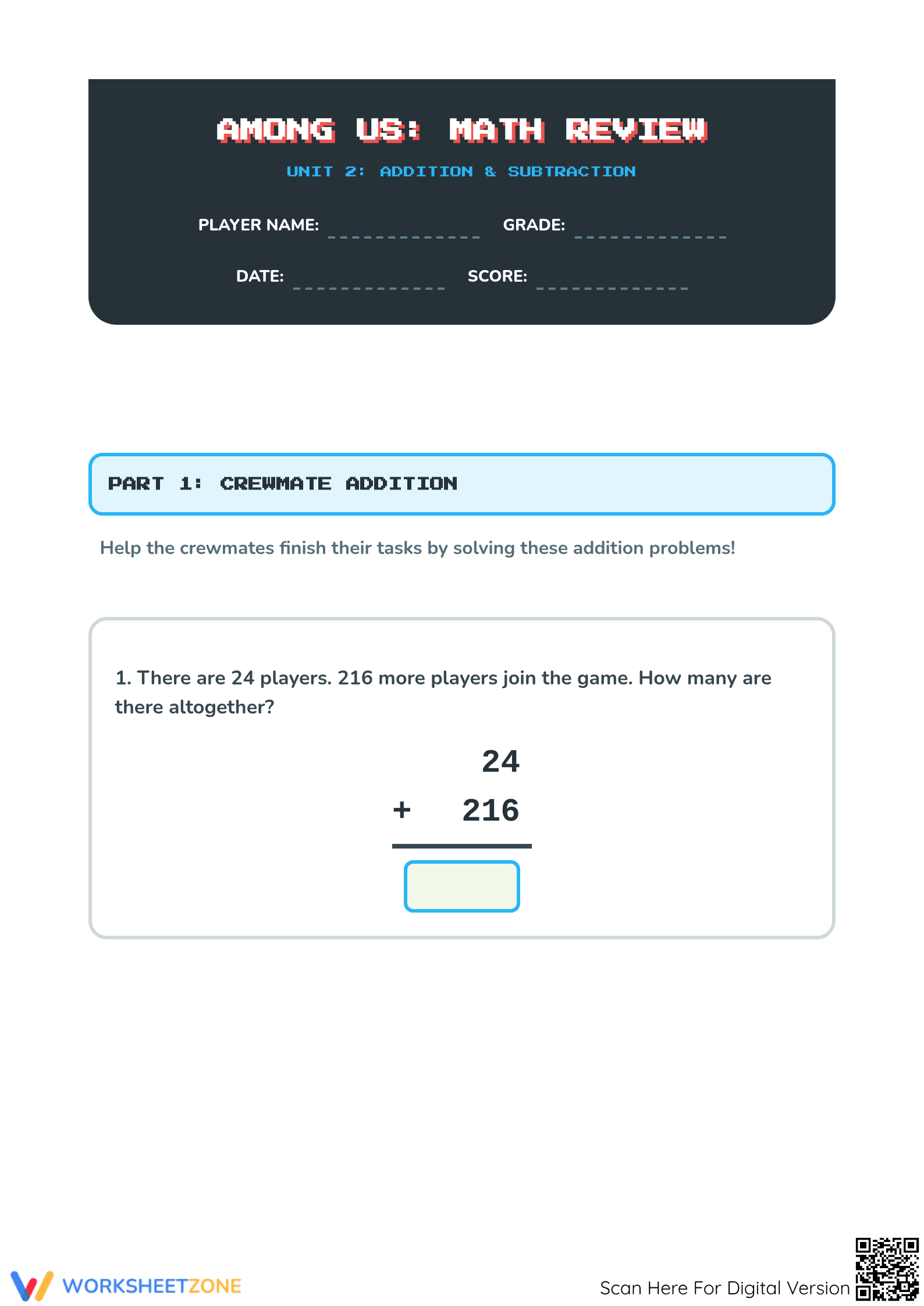 Essential Among Us Math Review: Grade 2 Addition/Subtraction - Page 1