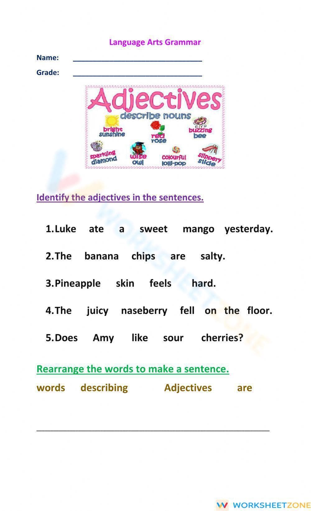 Language Arts Grammar Adjectives And Describing Words Worksheet - Page 1
