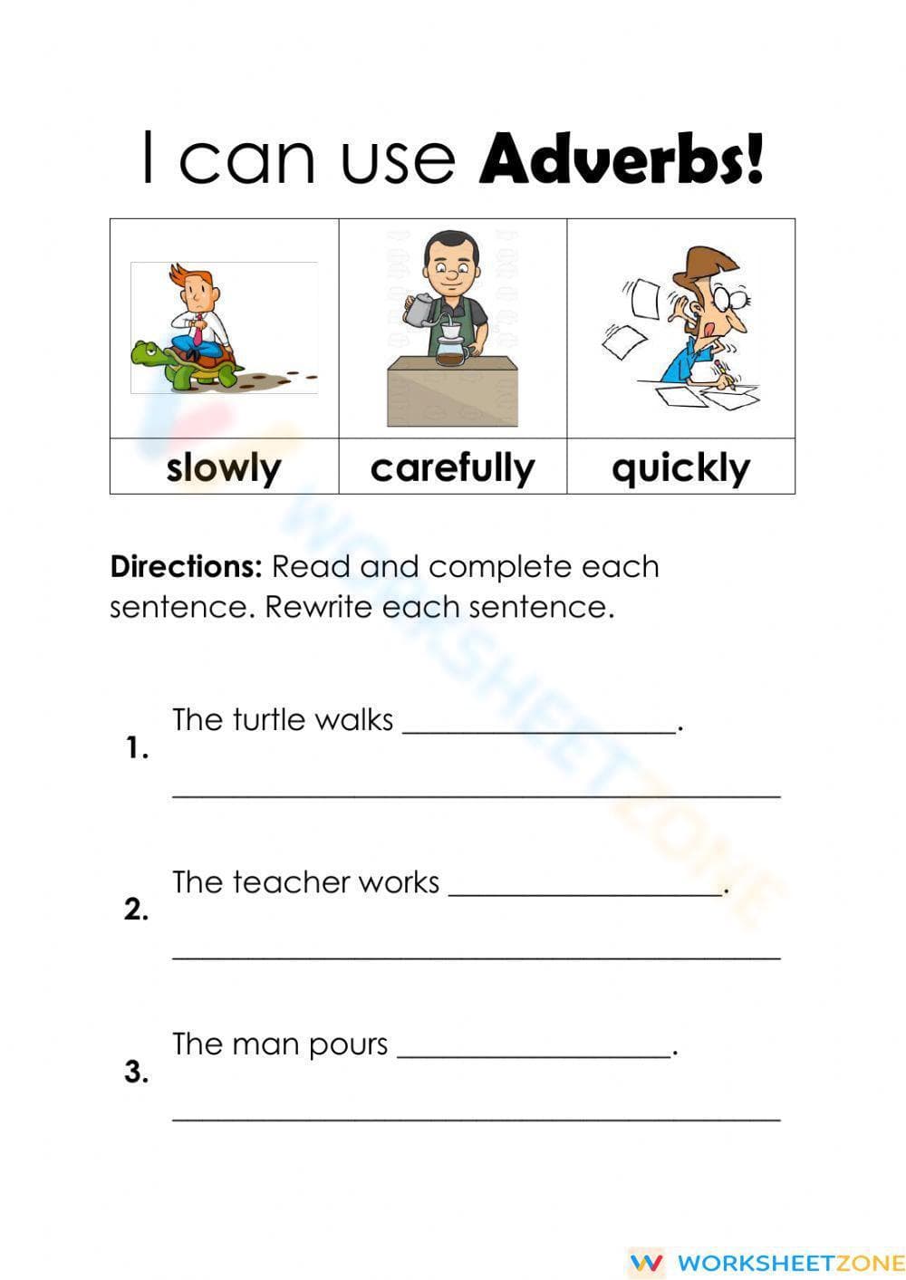 Grade 1 Adverbs — Printable No-Prep Worksheet - Page 1