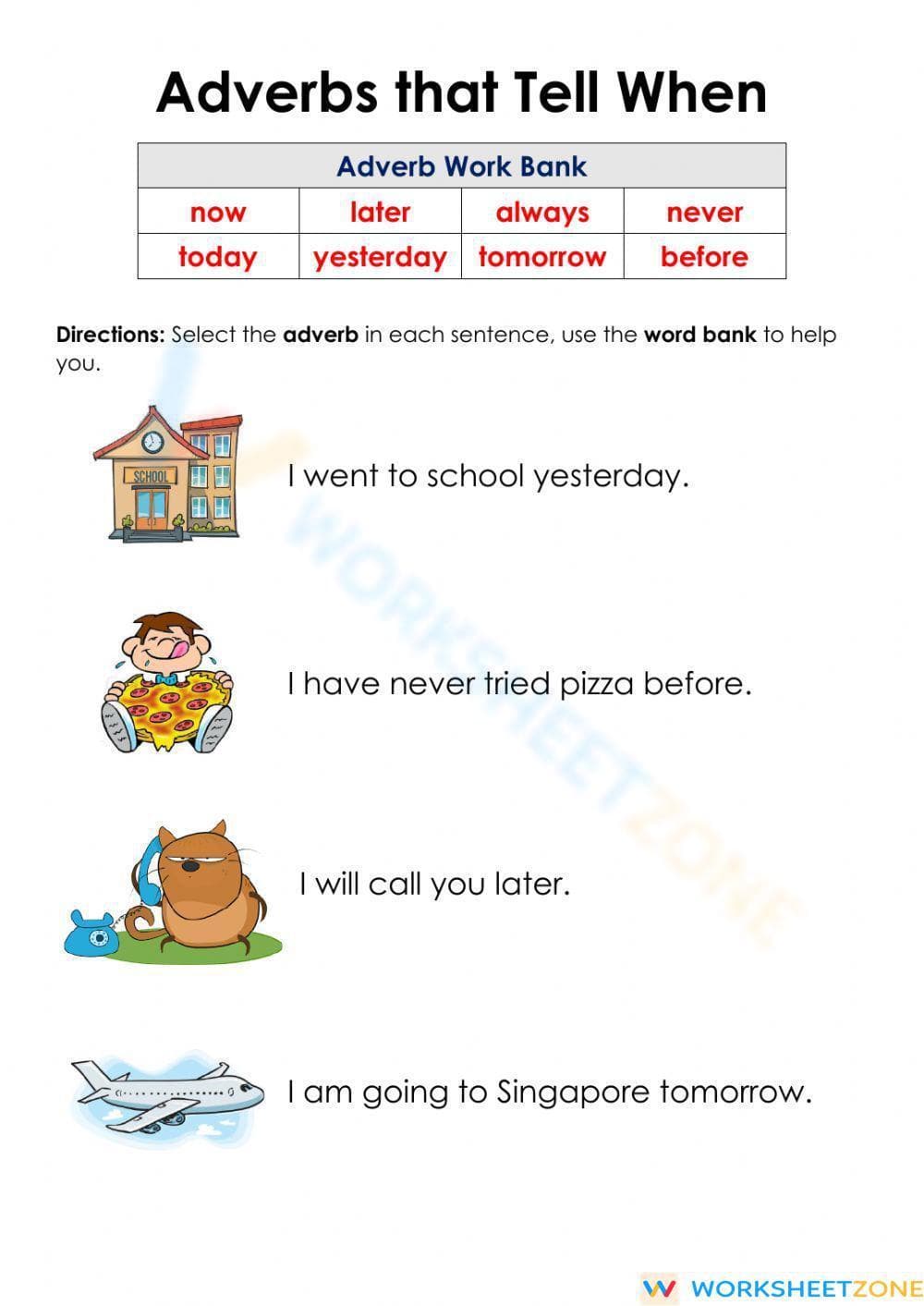Grade 2 Adverbs of Time — Printable No-Prep Worksheet - Page 1