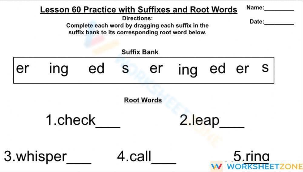 Grade 1 Suffixes — Printable No-Prep Worksheet - Page 1