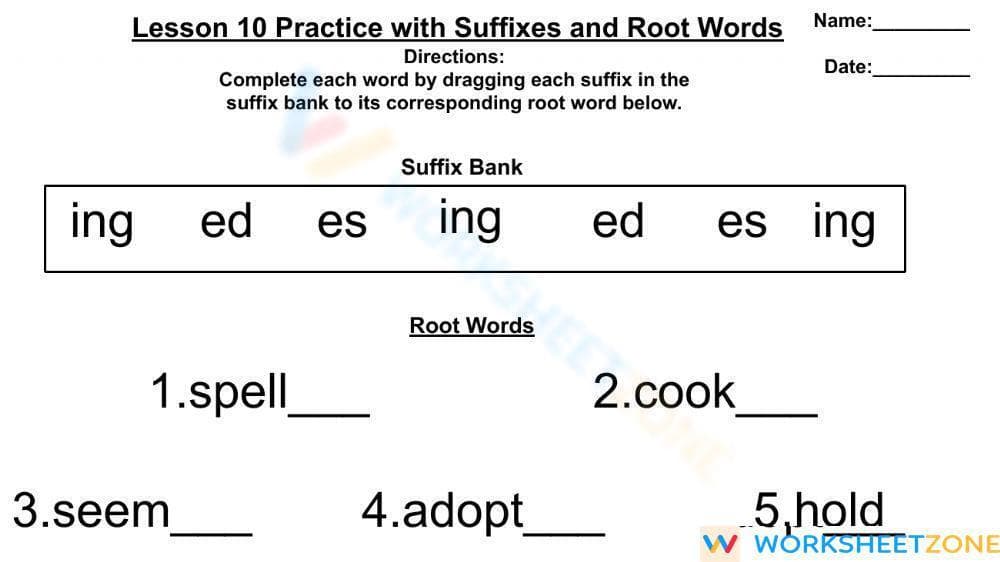 Suffixes and Root Words Printable Worksheet | Grade 1 - Page 1