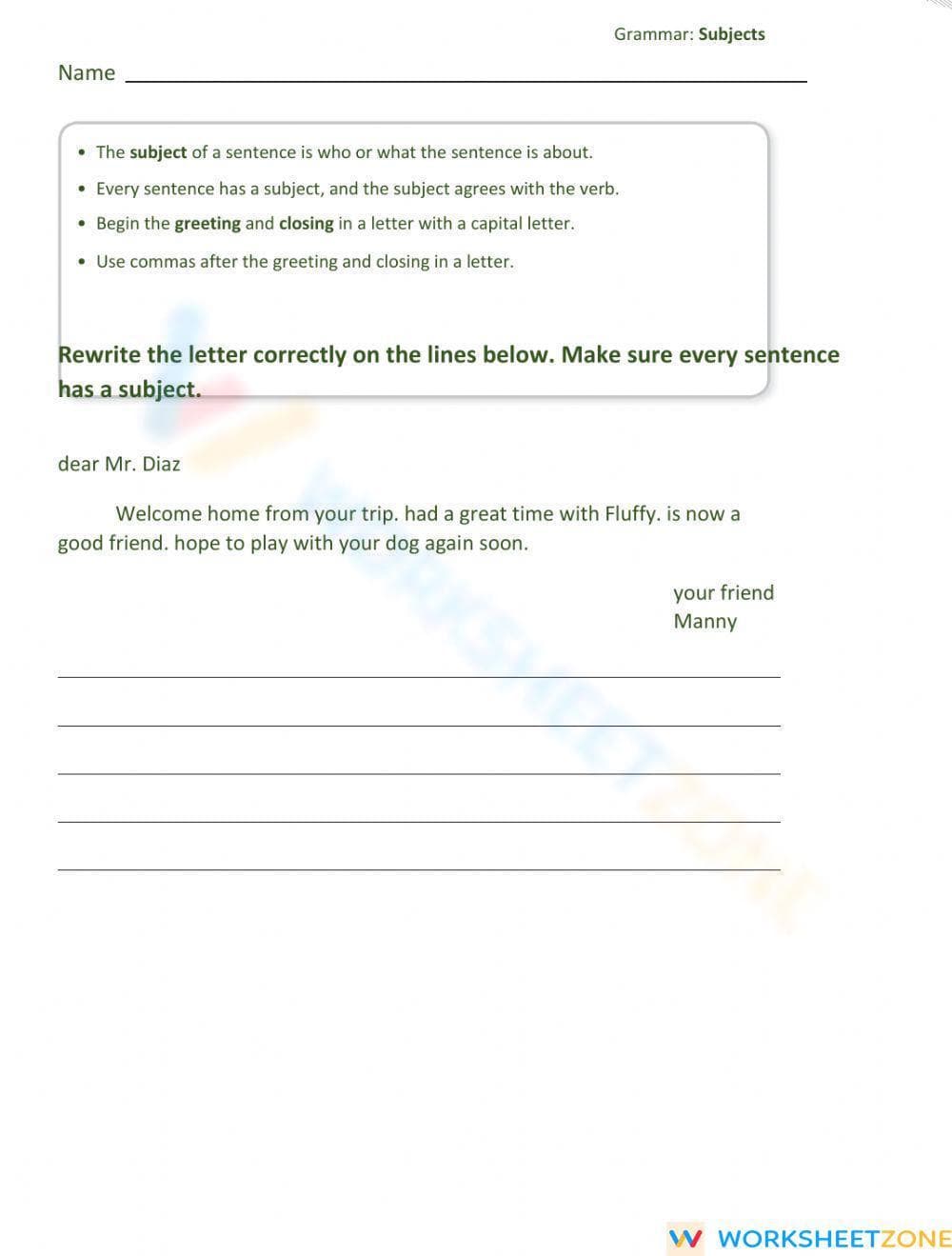 Grade 3/4 Subjects in Sentences — Printable Worksheet - Page 1