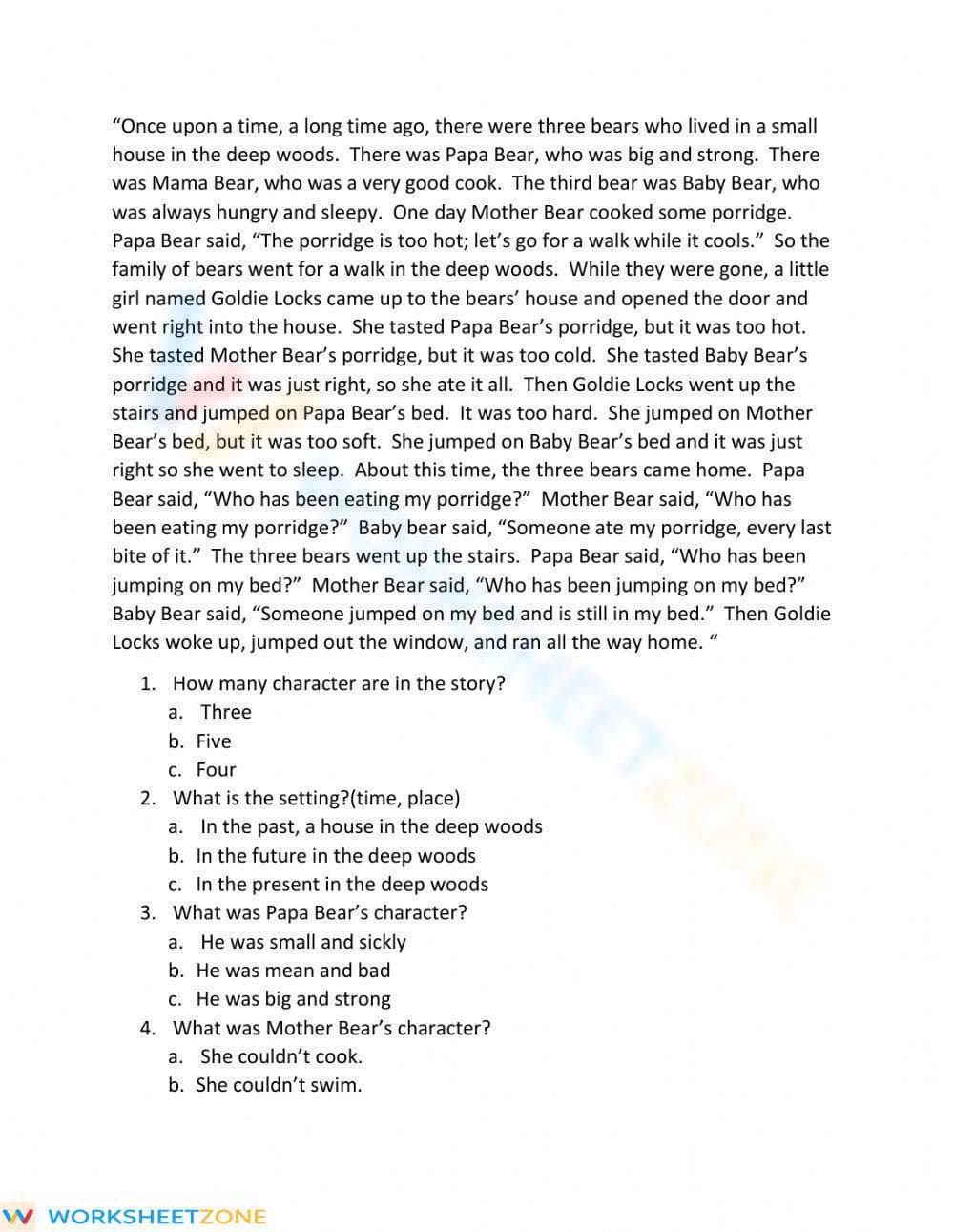 Story Parts in the -The Three Bears- - Page 1