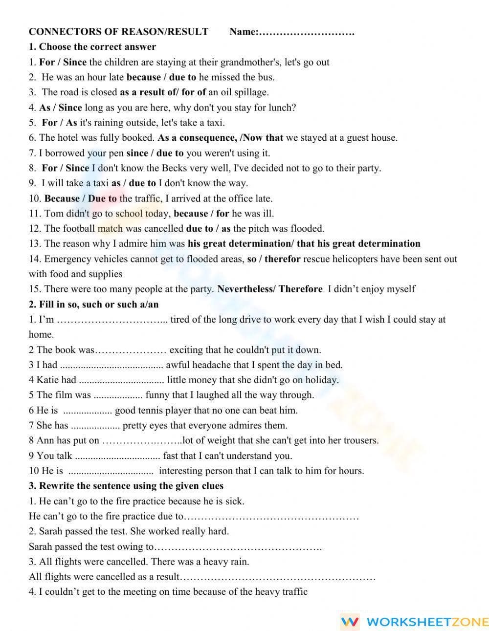 Printable Connectors of Reason Worksheet | Grade 11-12 ELA - Page 1