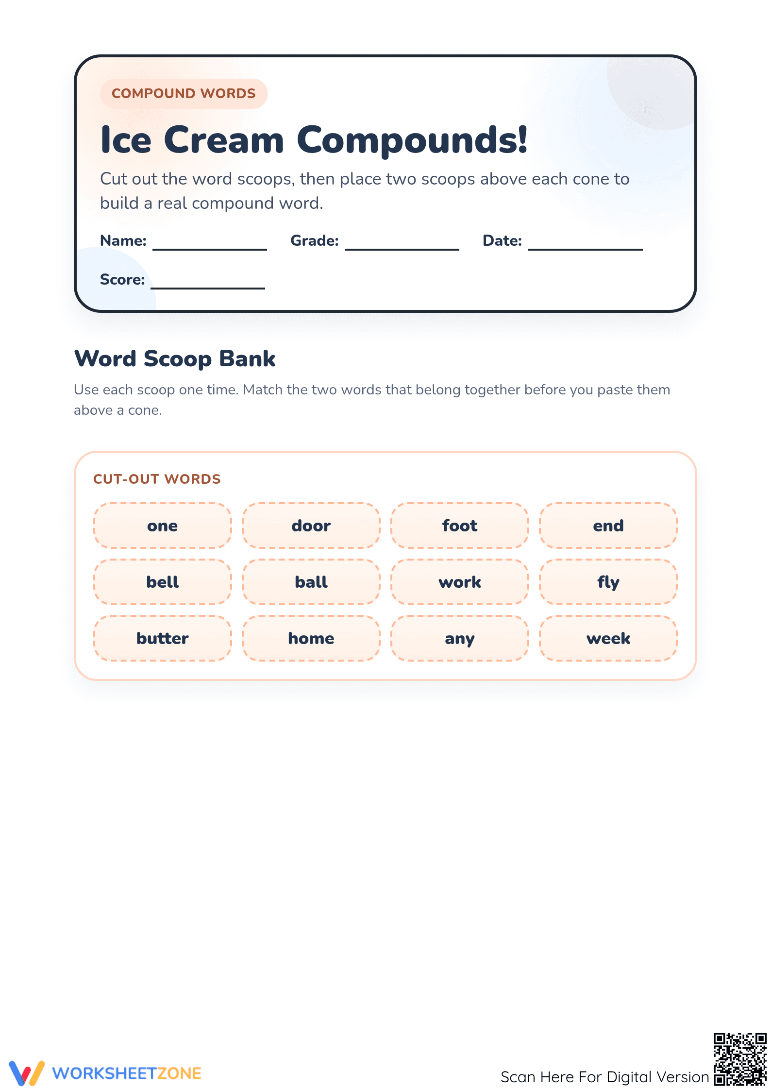 Printable Compound Word Cut and Paste Worksheet | Grades 1-3 - Page 1
