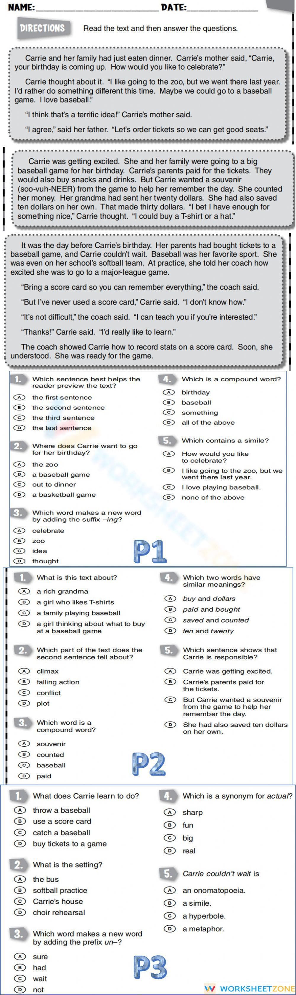 Printable Reading Comprehension Worksheet | Grade 4 ELA - Page 1