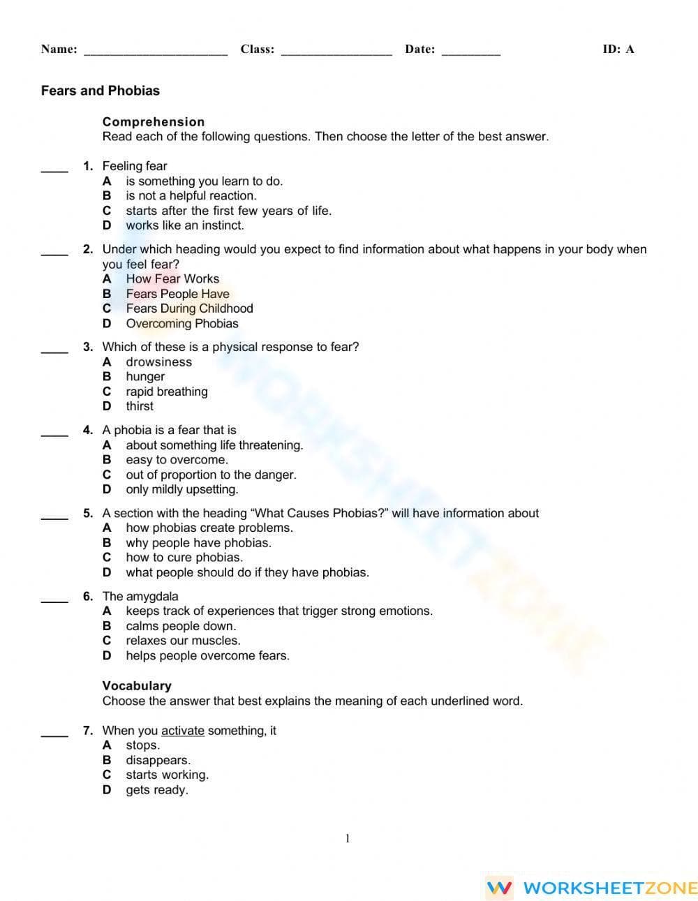 Fears and Phobias Worksheet | Grade 6 Printable Reading - Page 1