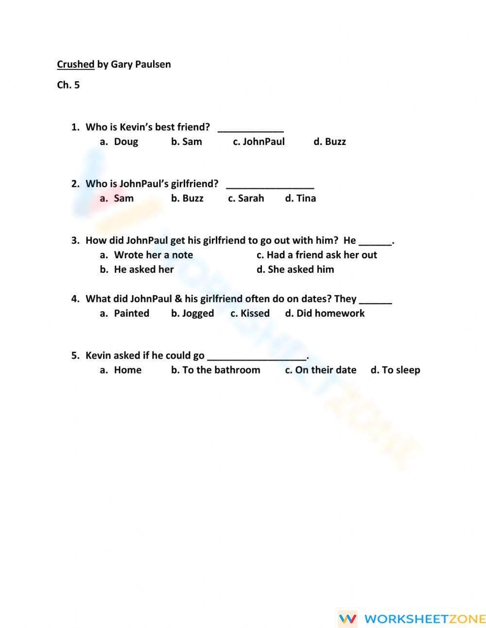 Printable Crushed Ch. 5 Worksheet | Grades 5-8 ELA - Page 1