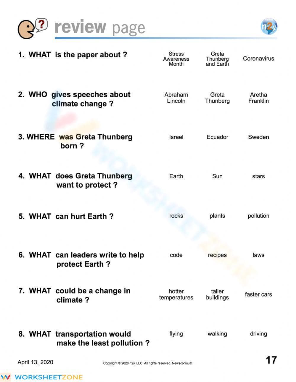 Grade 3 Earth Day — Printable No-Prep Worksheet - Page 1