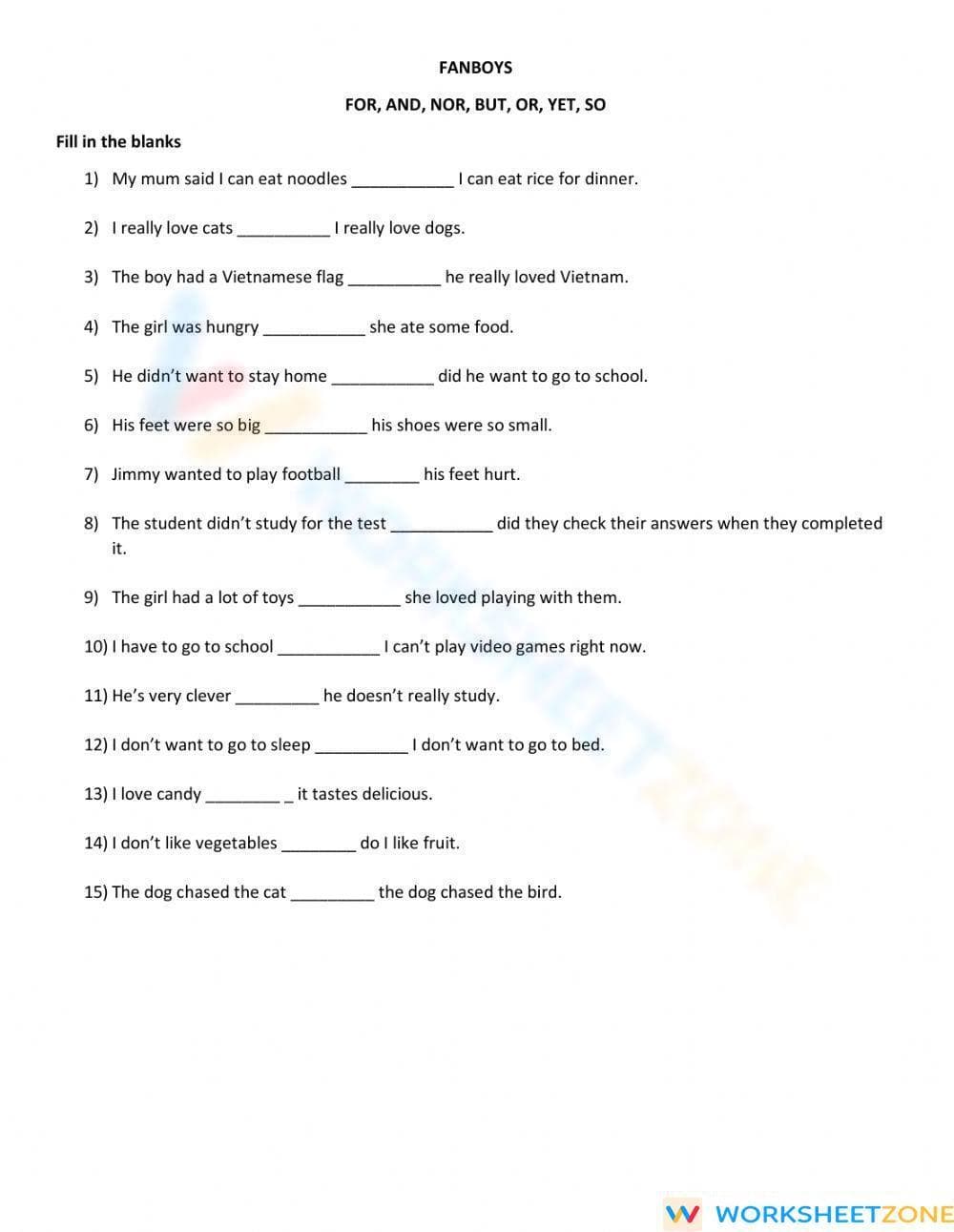 Grade 5 FANBOYS Conjunctions — Printable No-Prep Worksheet - Page 1