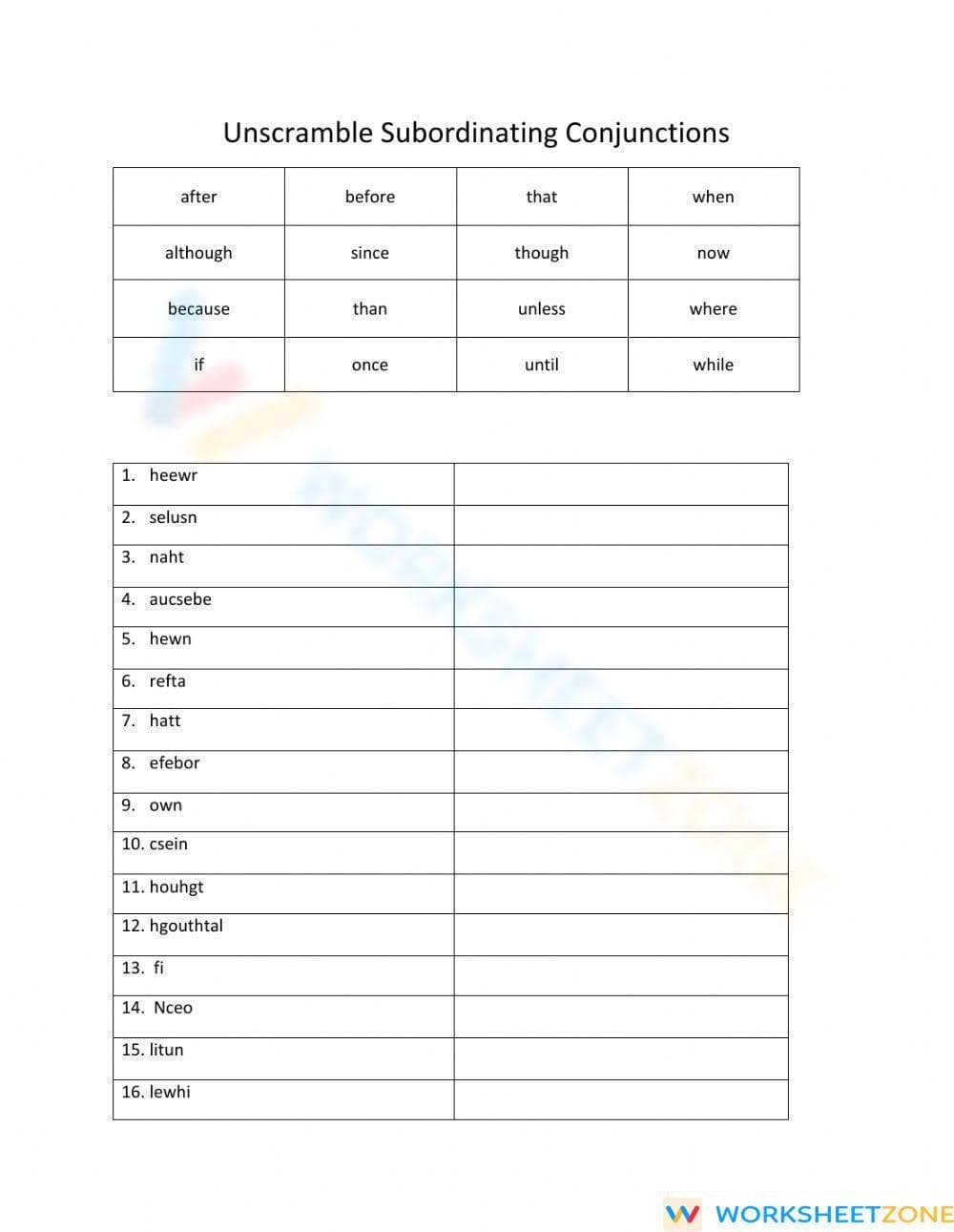 Subordinating Conjunctions Scramble | Grammar Worksheet - Page 1