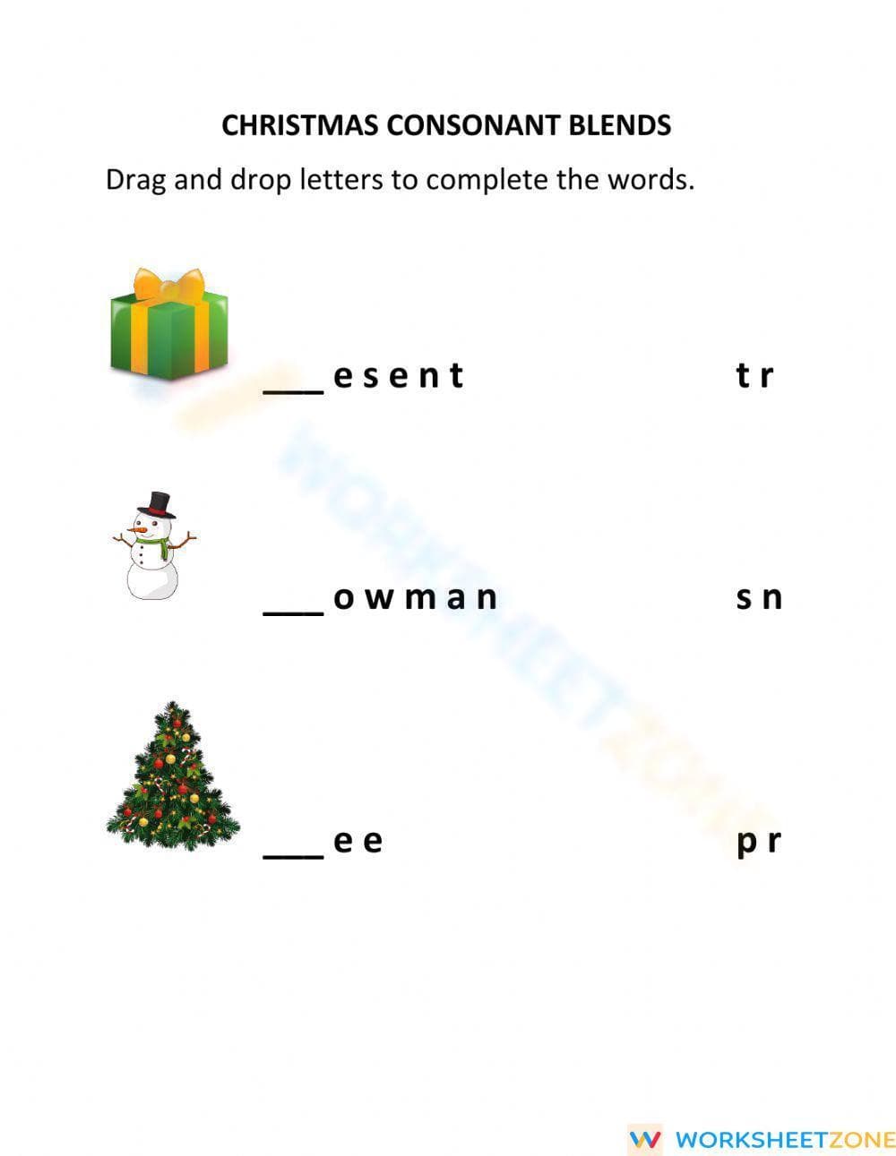 Grade 1 Christmas Blends — Printable No-Prep Worksheet - Page 1