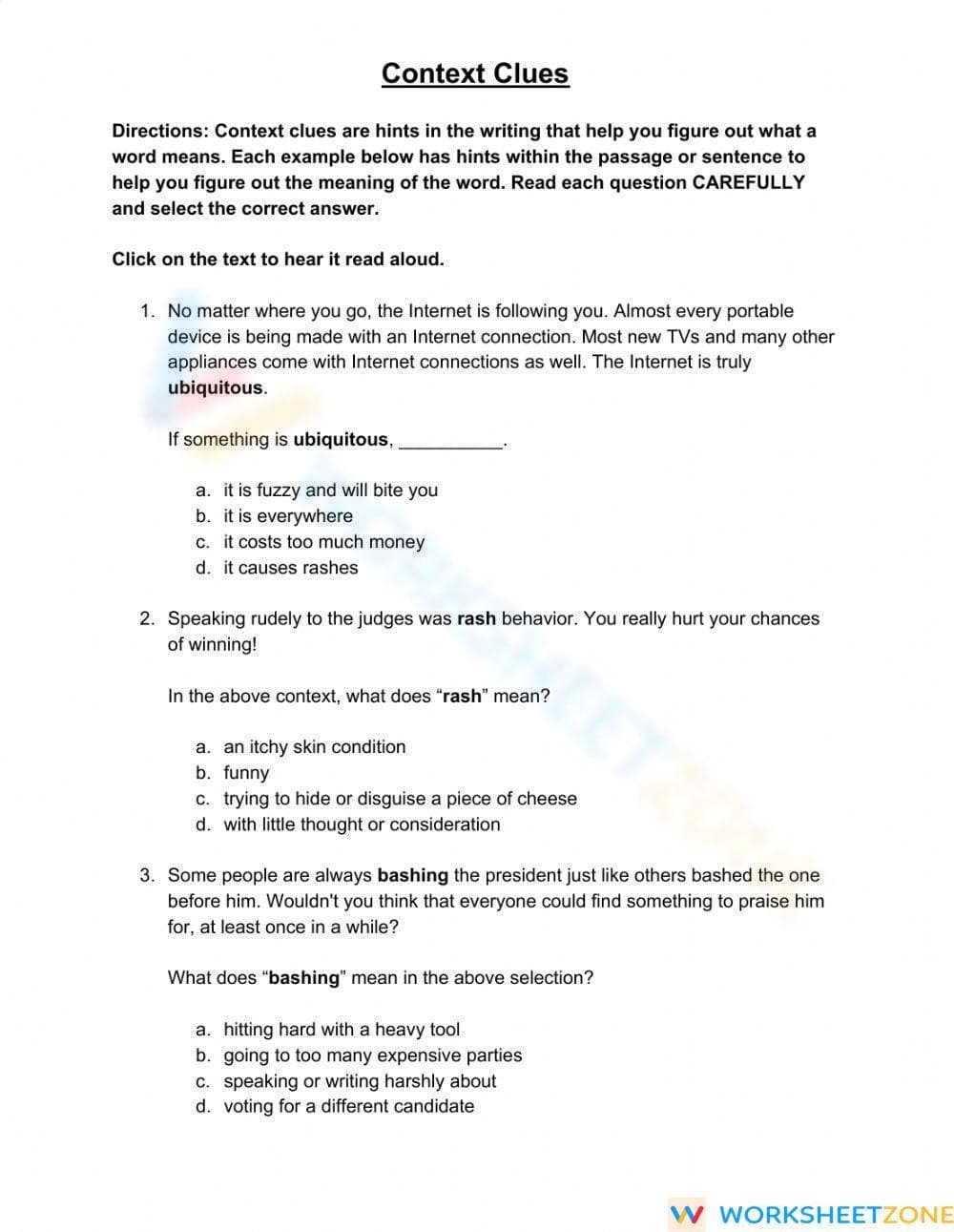 Essential Grade 5-8 Context Clues Worksheet | Printable - Page 1