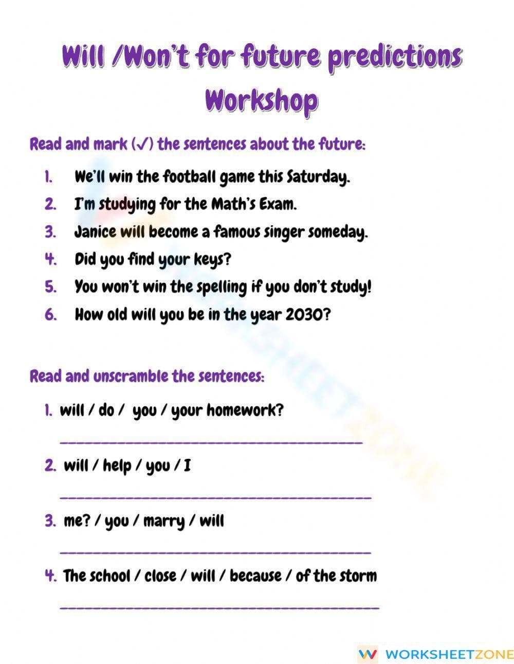 Essential Will and Won't Future Predictions Worksheet - Page 1