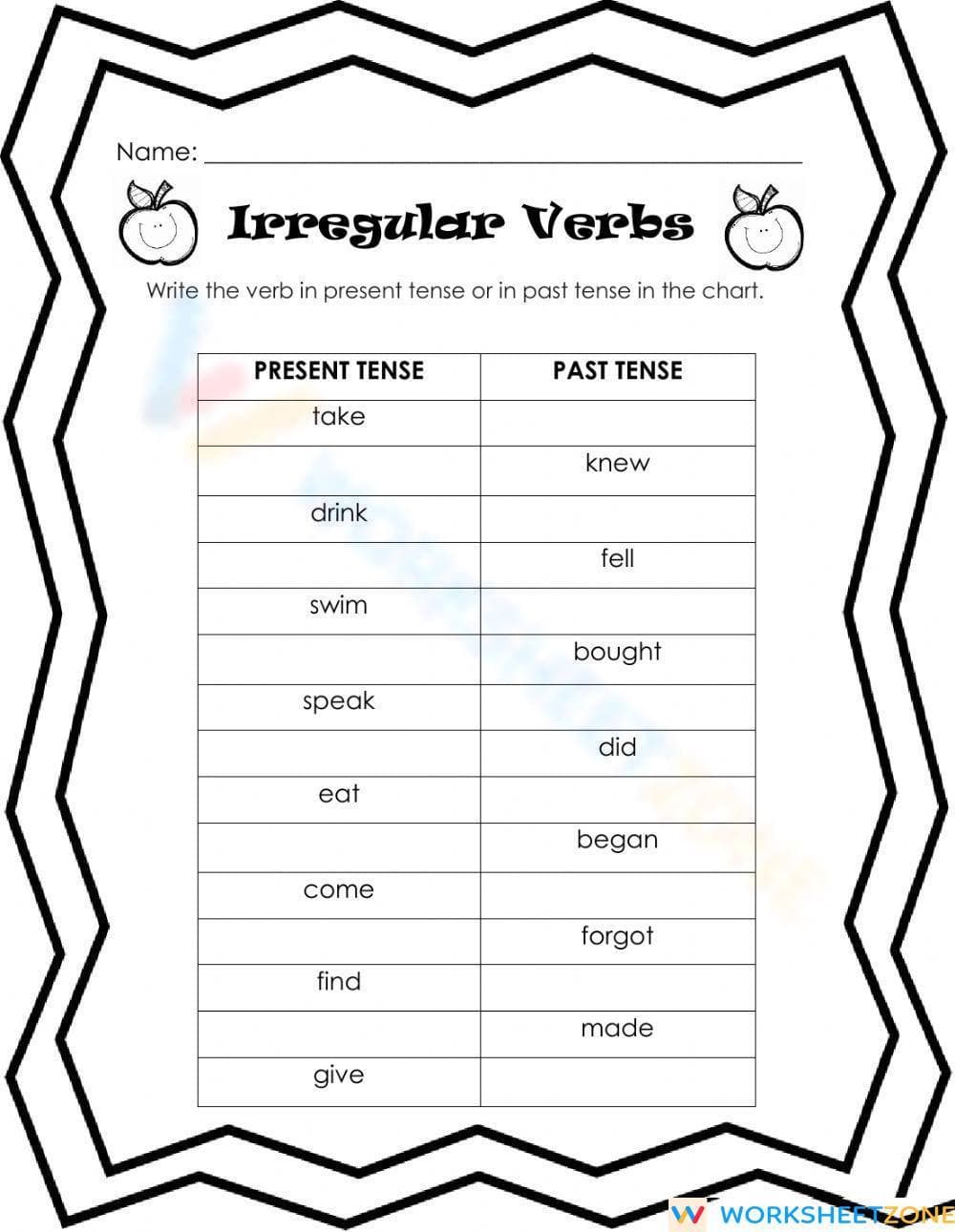 Grade 3 Irregular Verbs — Printable No-Prep Chart - Page 1