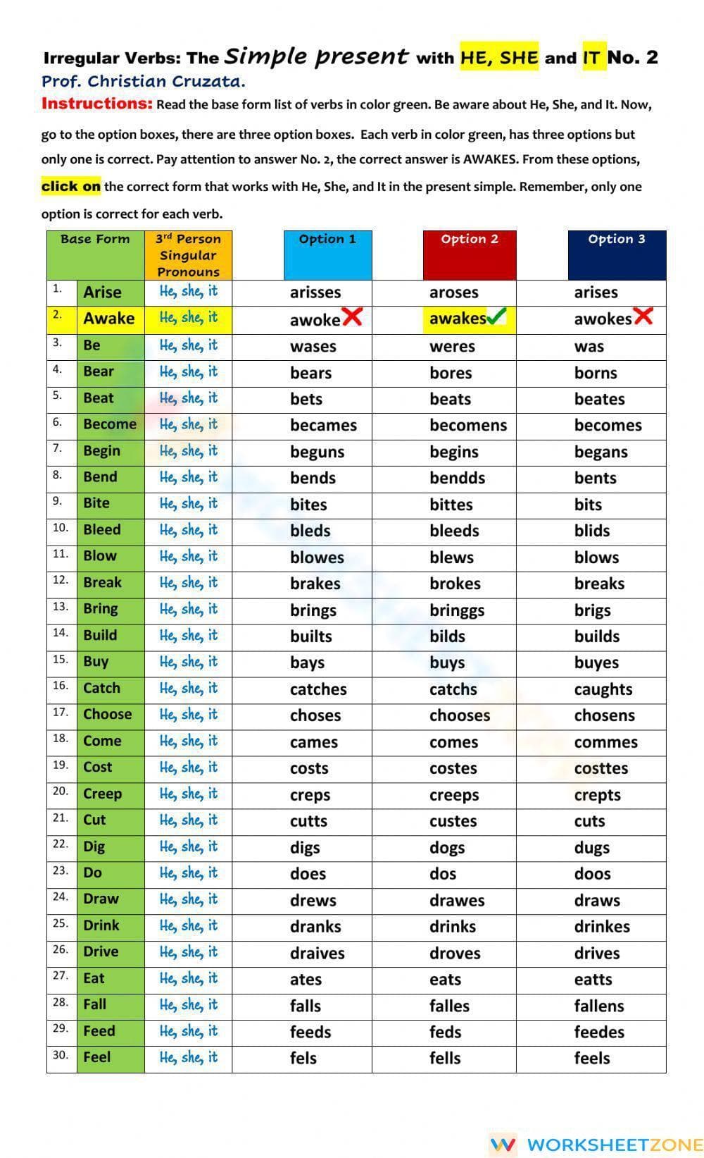 Grade 8 Irregular Verbs — Printable No-Prep Worksheet - Page 1