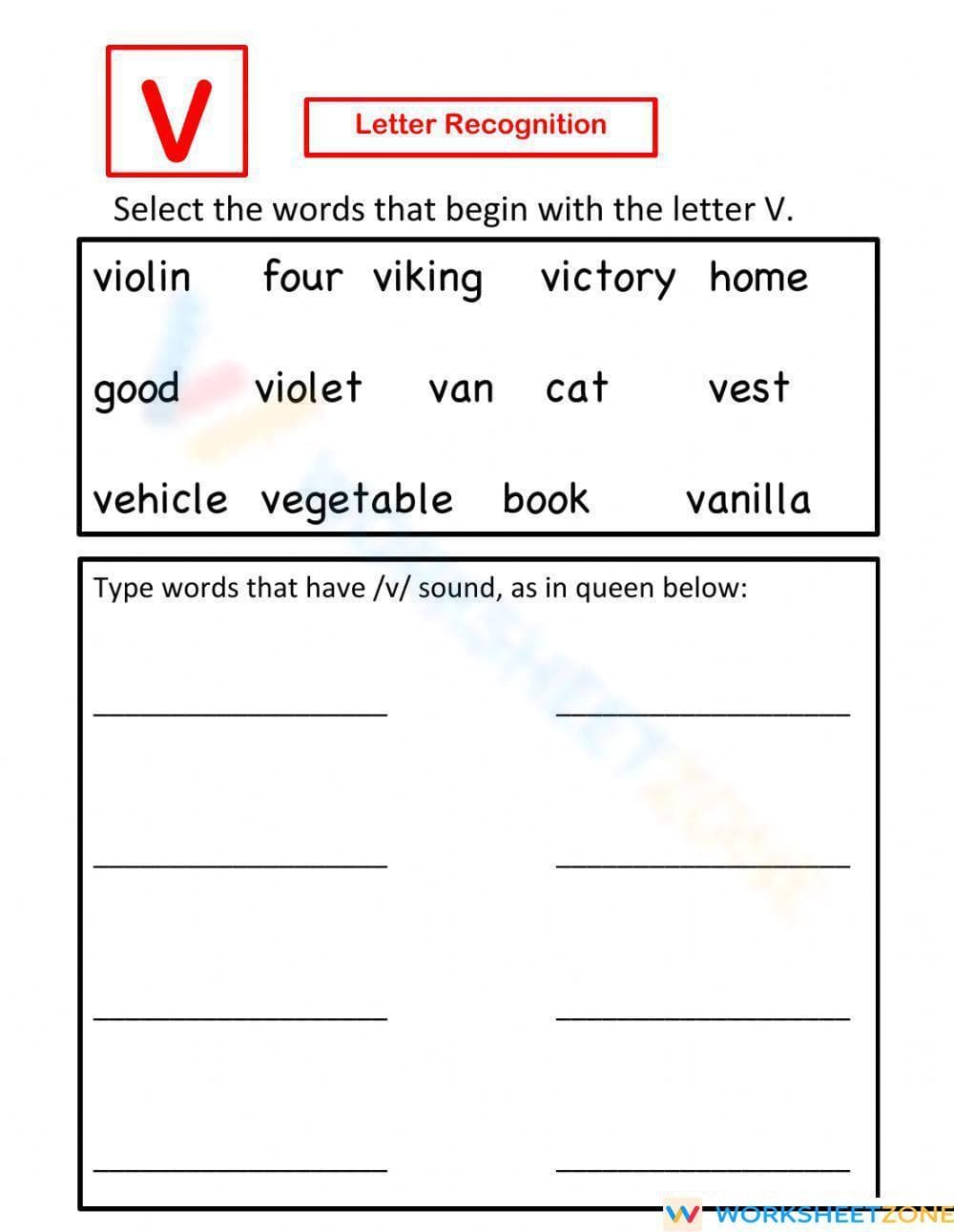 Letter V recognition - Select and Write - Page 1