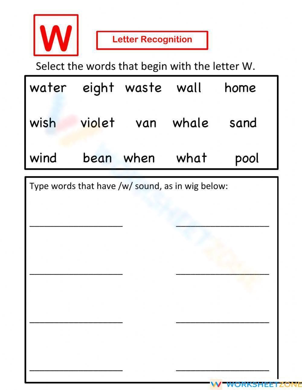 Kindergarten Letter W — Printable No-Prep Worksheet - Page 1