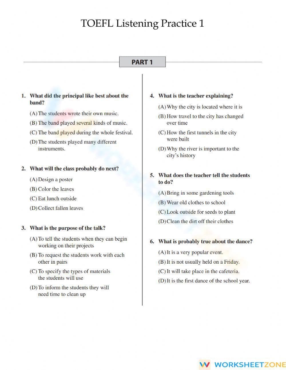 SL.5.2 Worksheet: TOEFL Jr. Listening — Grade 5 Aligned - Page 1