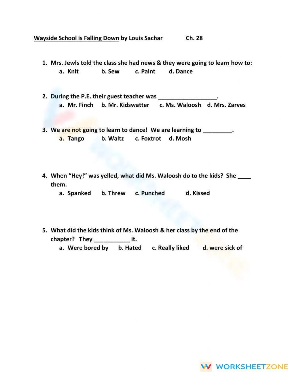 Grade 5 Wayside School Ch. 28 — Printable No-Prep Worksheet - Page 1
