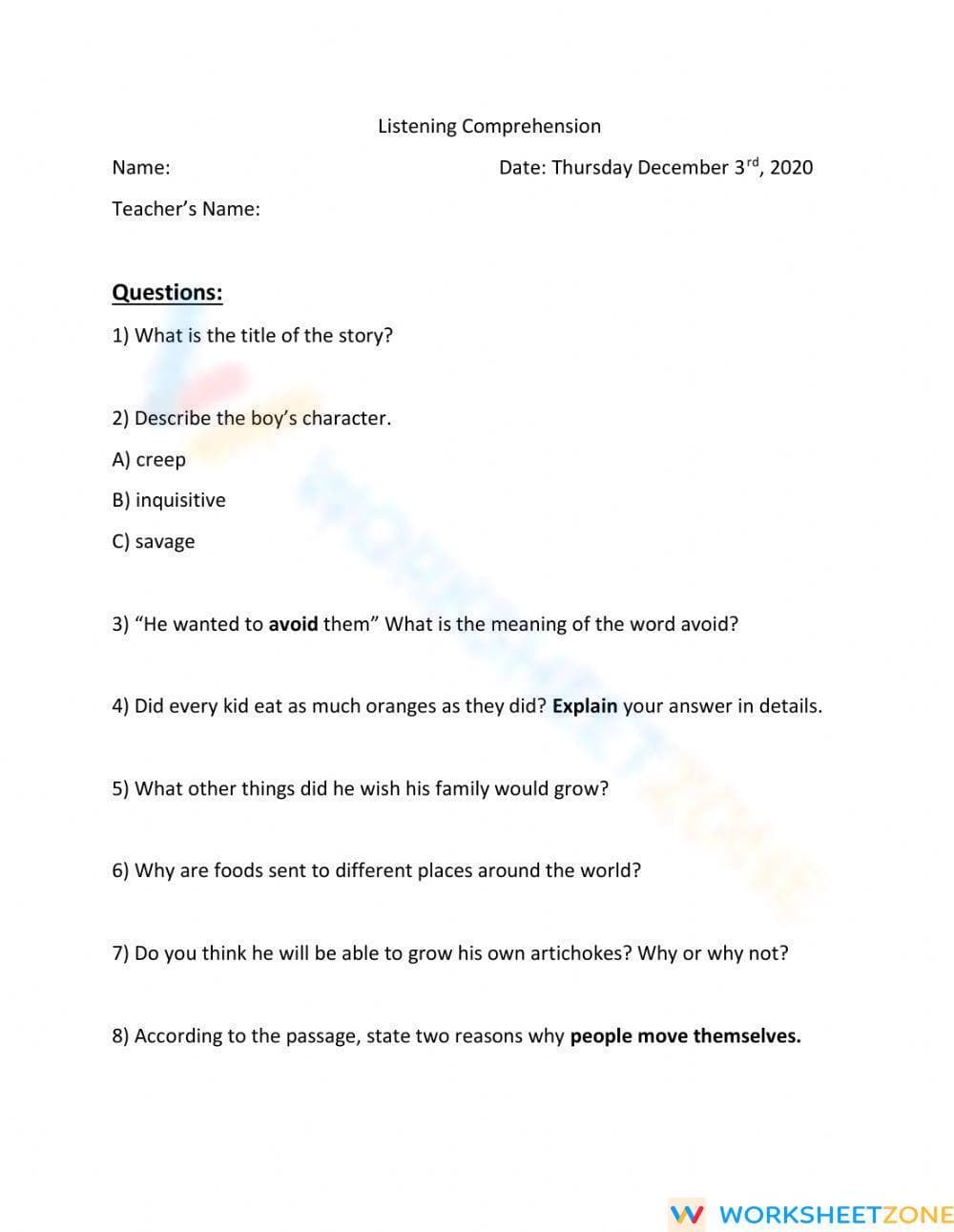 Grade 4 Listening Comprehension: Printable No-Prep Worksheet - Page 1